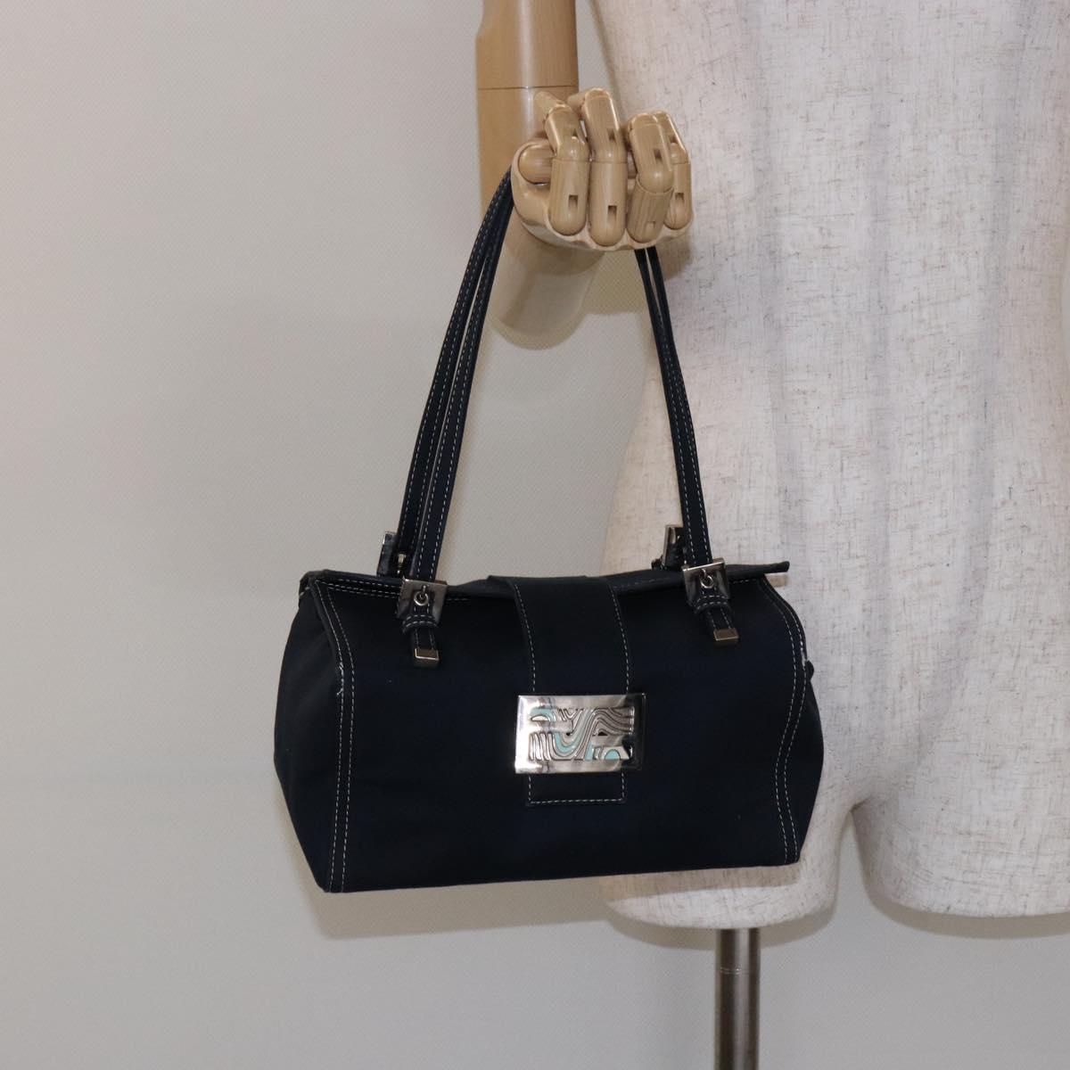 FENDI Mamma Baguette Shoulder Bag Canvas Navy Silver Auth 135385