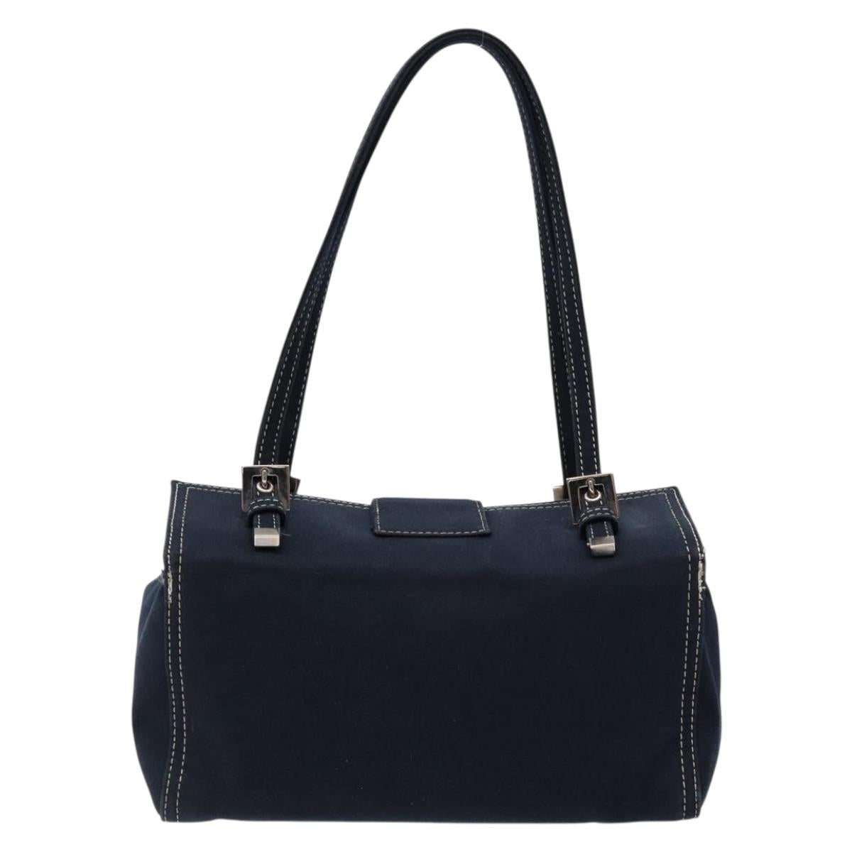 FENDI Mamma Baguette Shoulder Bag Canvas Navy Silver Auth 135385