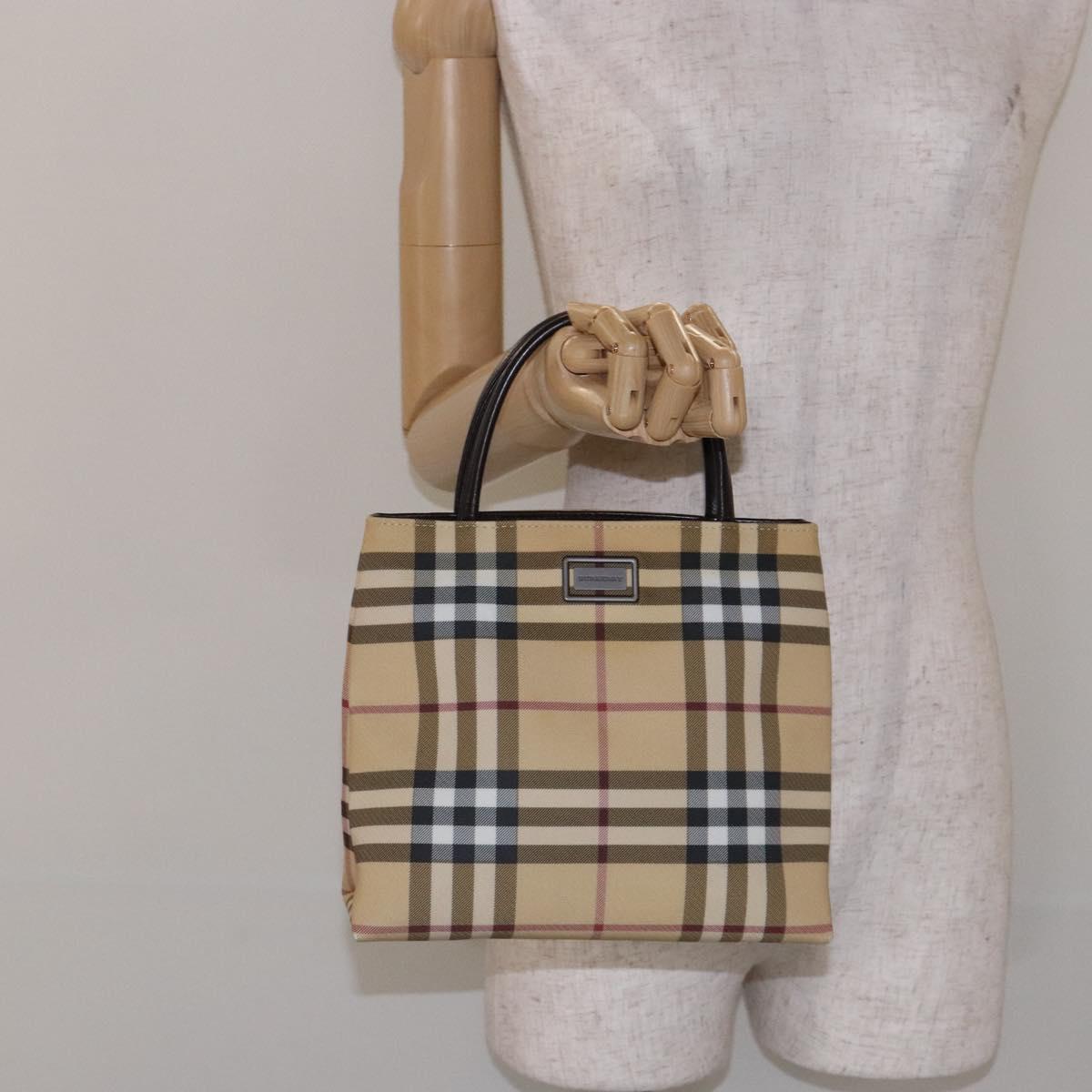 BURBERRY Nova Check Hand Bag PVC Beige Silver Auth 135389