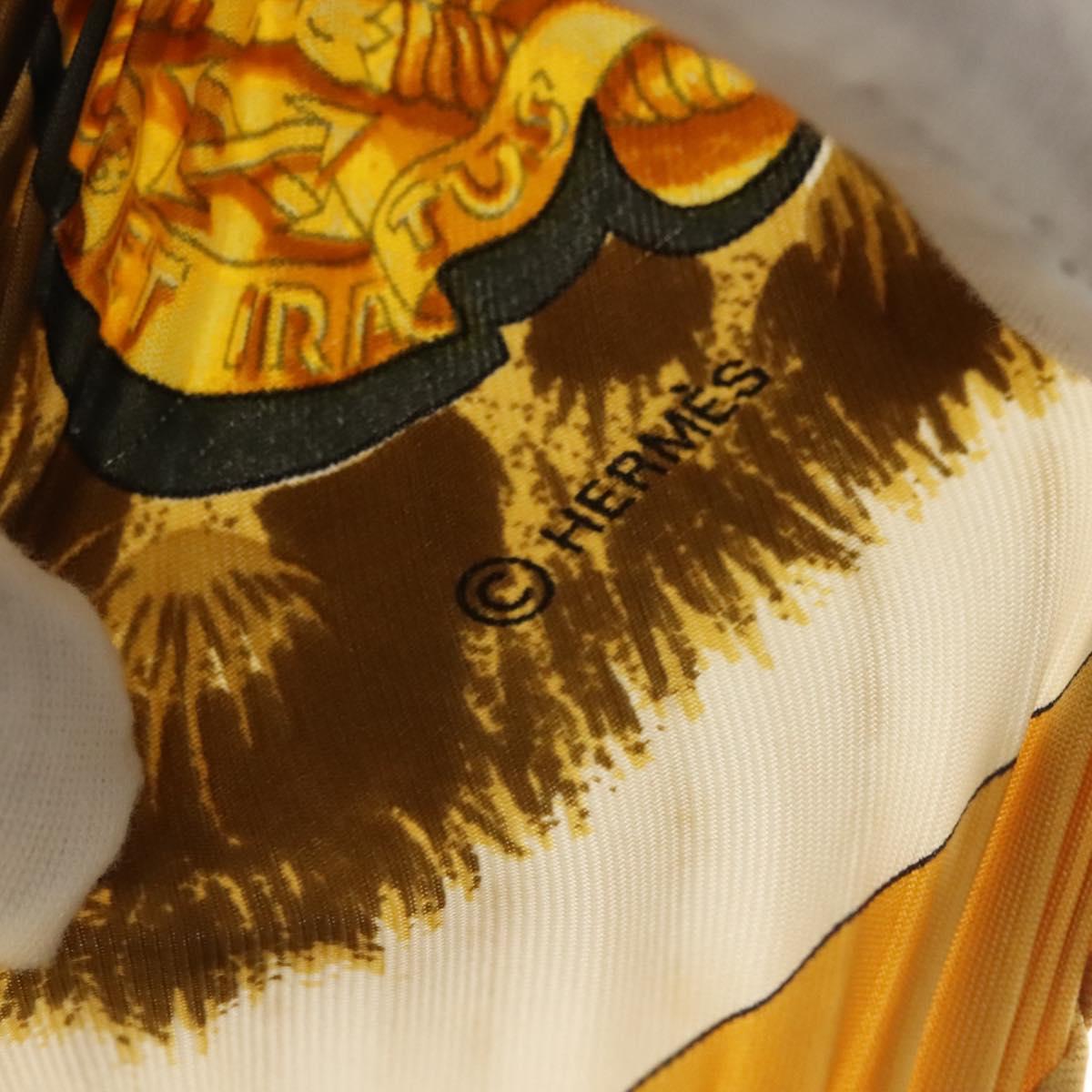 HERMES Pleated Scarf ""CASQUES PLUMETS"" Silk Yellow Auth 135394