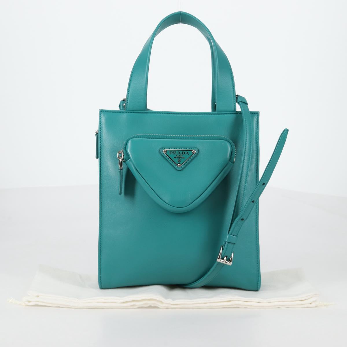 PRADA Hand Bag Leather 2way Green Silver Auth 135405M