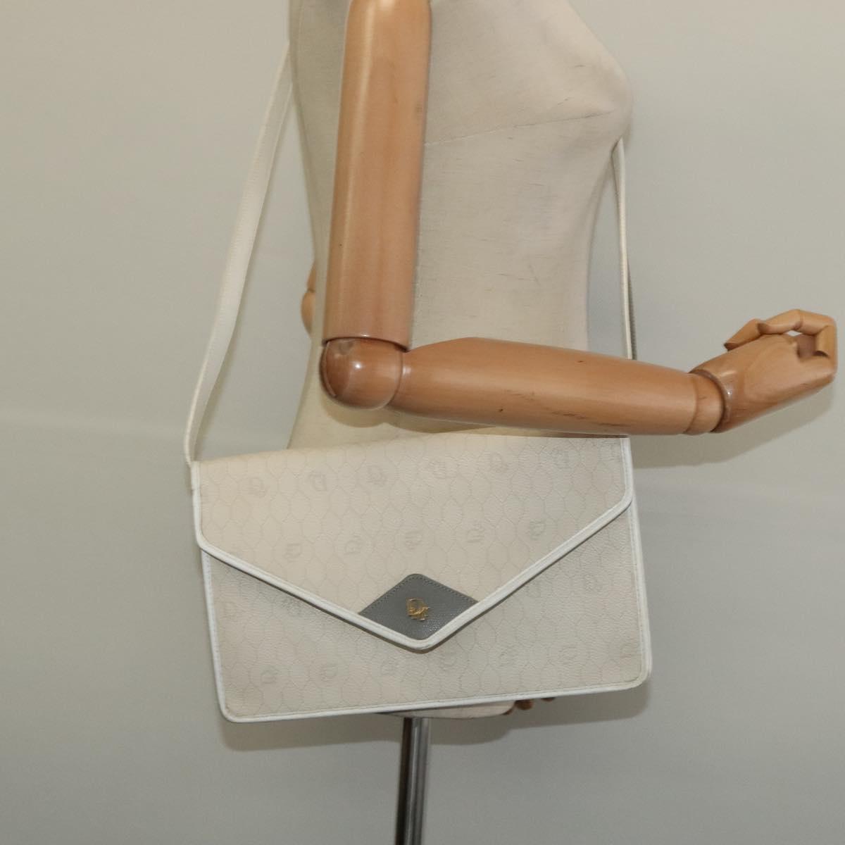 Christian Dior Honeycomb Canvas Shoulder Bag PVC White Gold Auth 135487