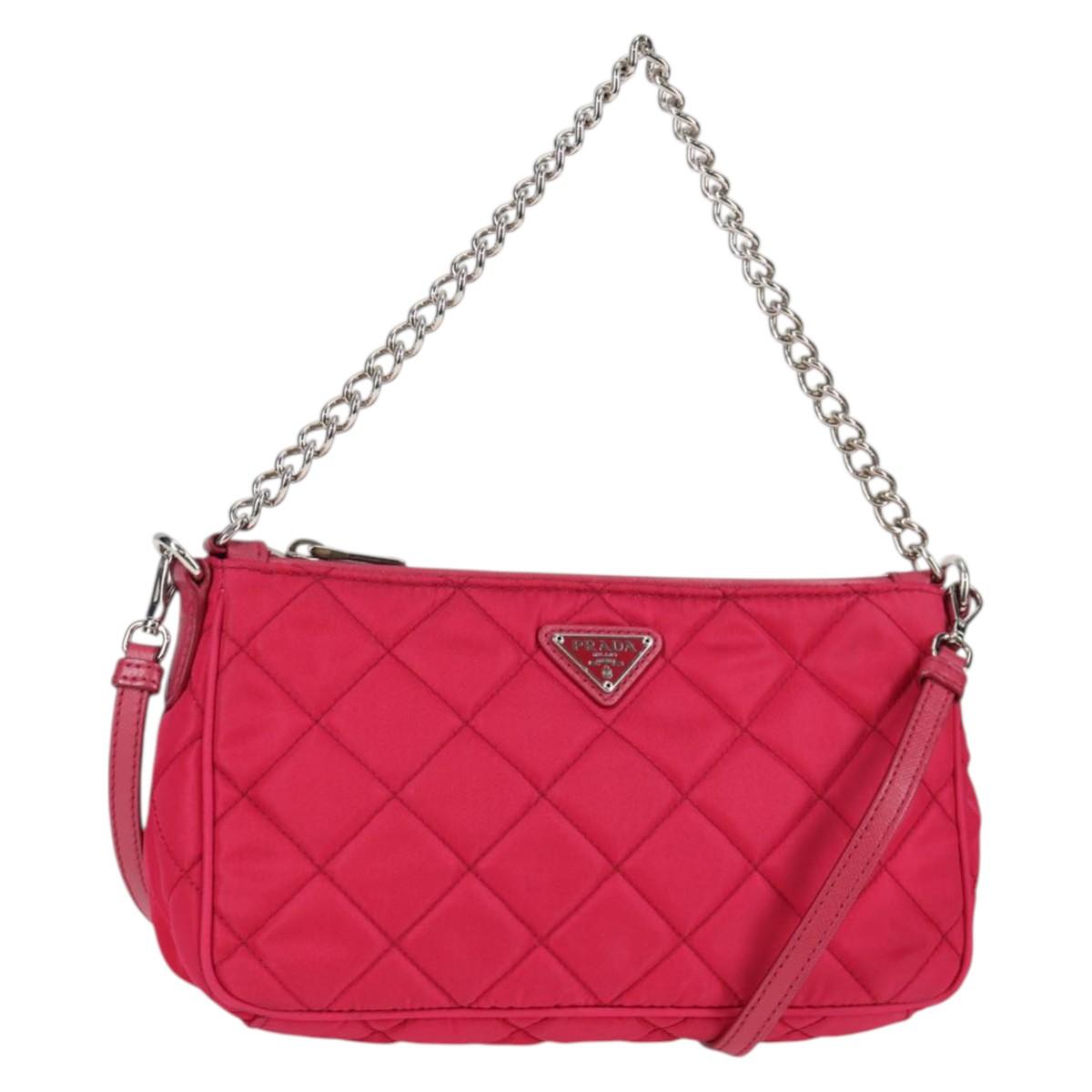 PRADA Chain Hand Bag Nylon 2way Pink Silver Auth 135510V