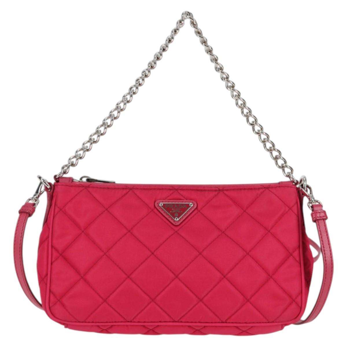 PRADA Chain Hand Bag Nylon 2way Pink Silver Auth 135510V