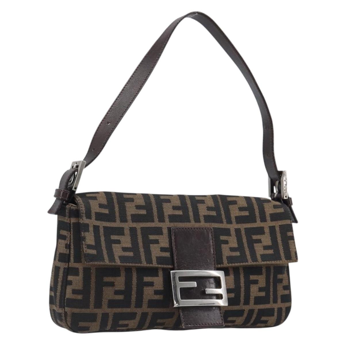 FENDI Zucca Canvas Mamma Baguette Shoulder Bag Black Brown Auth 135512