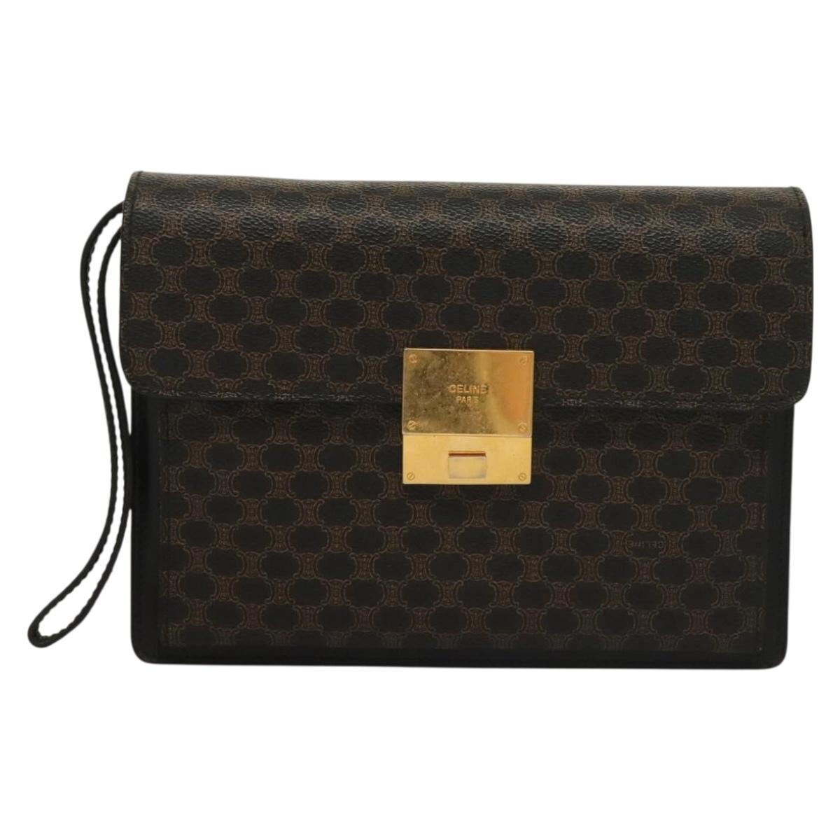 CELINE Macadam Canvas Clutch Bag PVC Leather Black Gold Auth 135556
