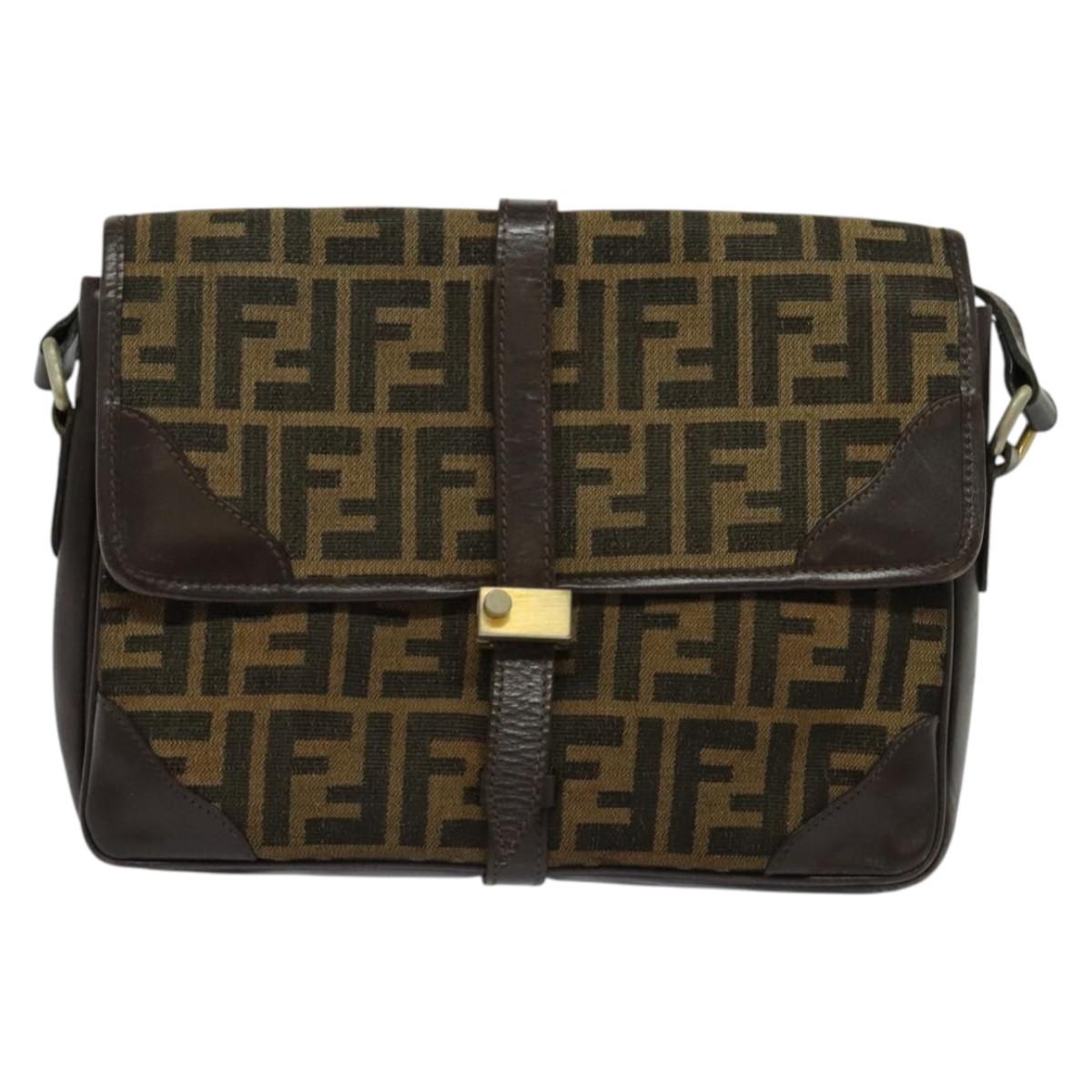 FENDI Zucca Canvas Shoulder Bag Black Brown Auth 135567