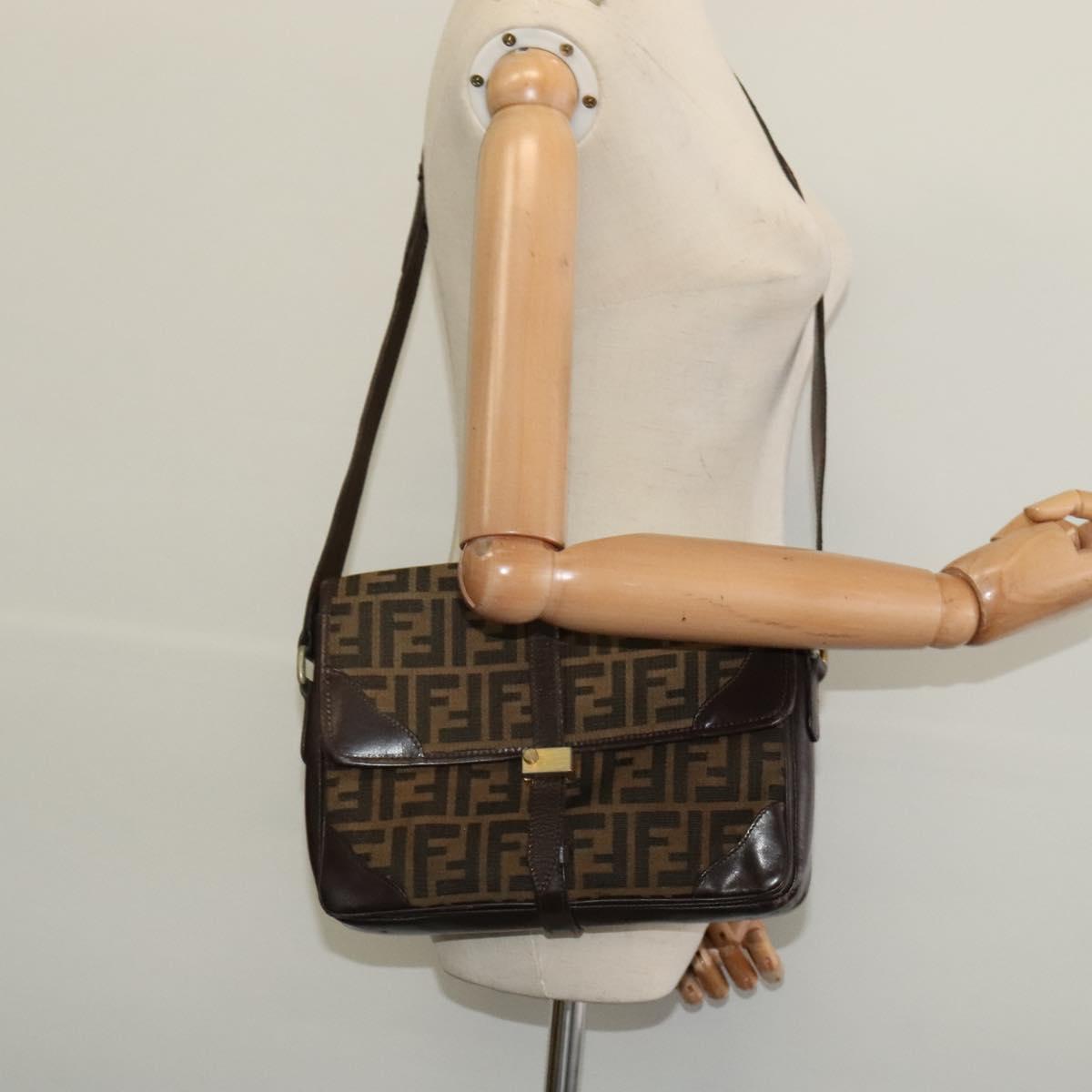 FENDI Zucca Canvas Shoulder Bag Black Brown Auth 135567