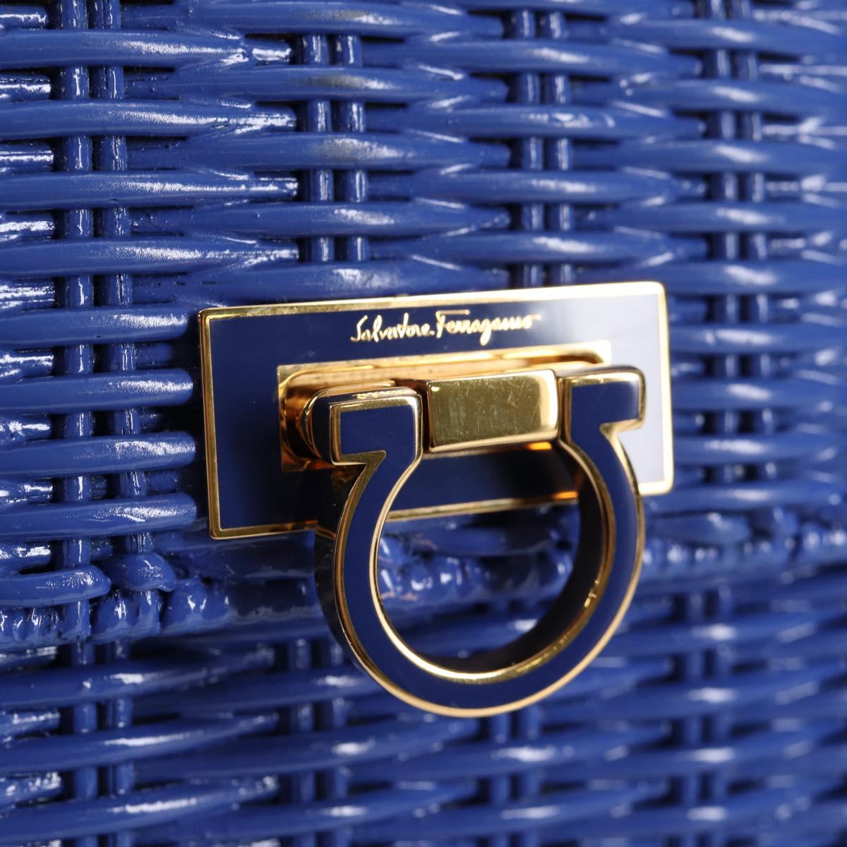 Salvatore Ferragamo Gancini Hand Bag Wicker 2way Blue Gold Auth 135631V