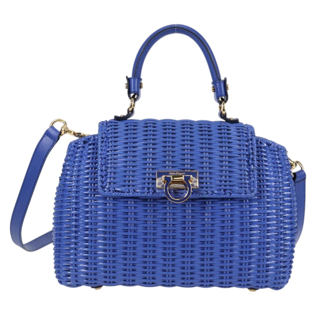 Salvatore Ferragamo Gancini Hand Bag Wicker 2way Blue Gold Auth 135631V
