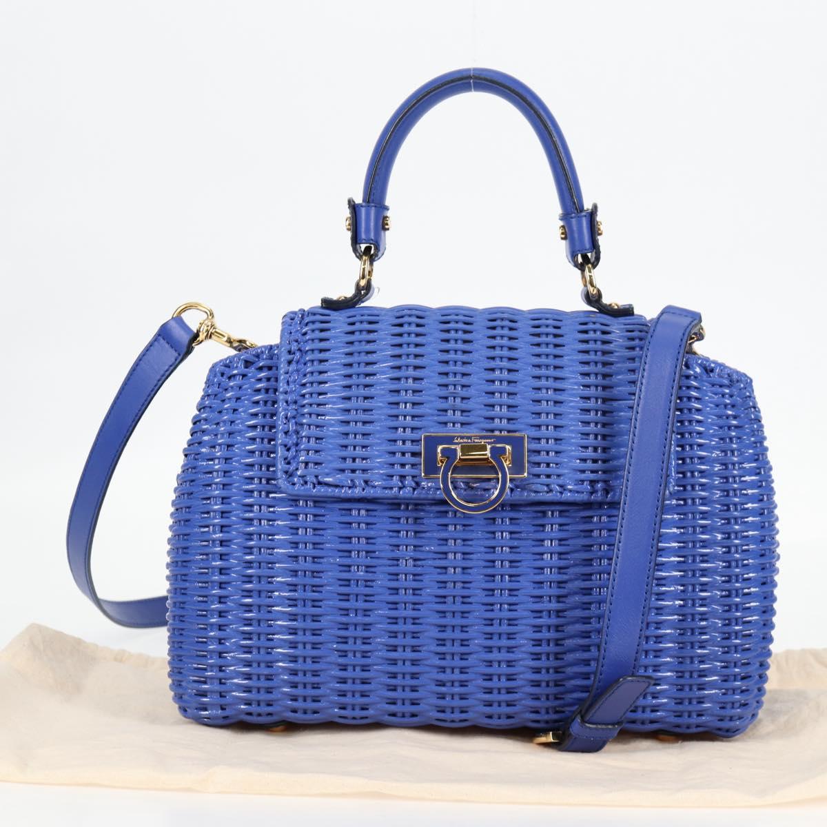 Salvatore Ferragamo Gancini Hand Bag Wicker 2way Blue Gold Auth 135631V