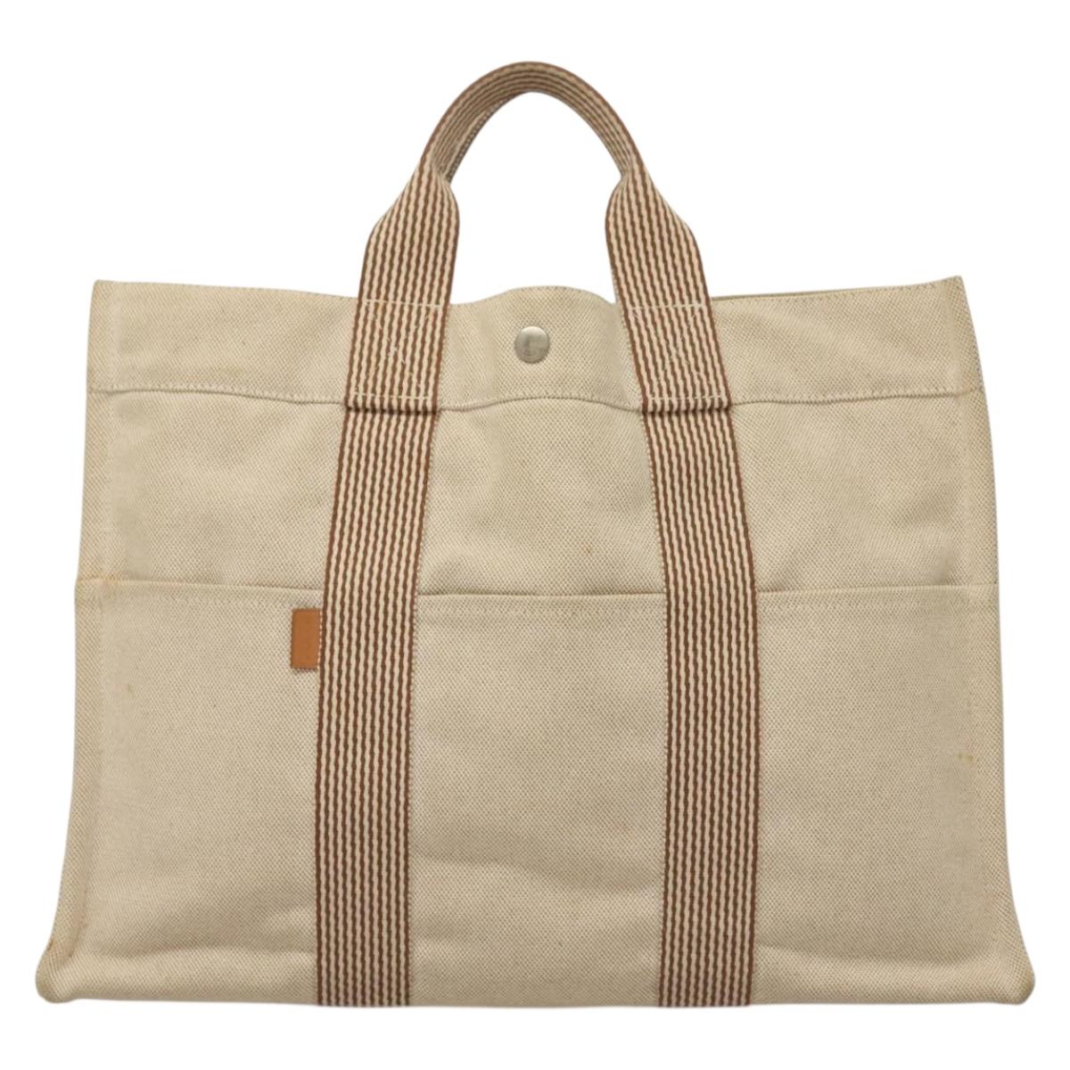 HERMES New Fourre ToutMM Hand Bag Canvas Beige Silver Auth 135646