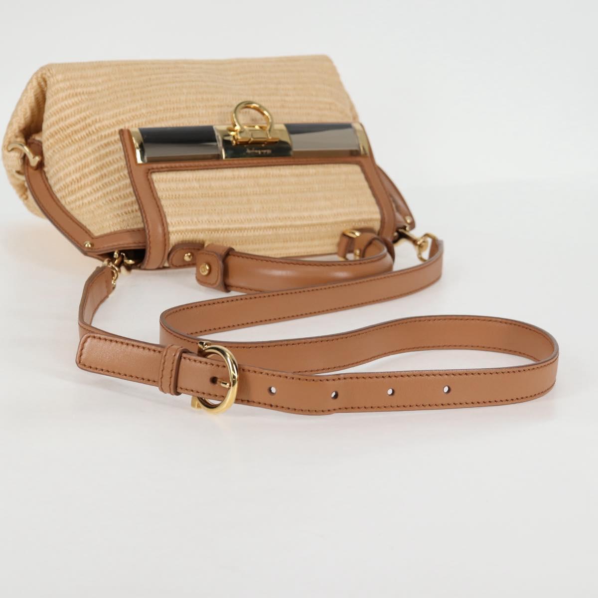 Salvatore Ferragamo Gancini Hand Bag Raffia Leather 2way Beige Gold Auth 135666M