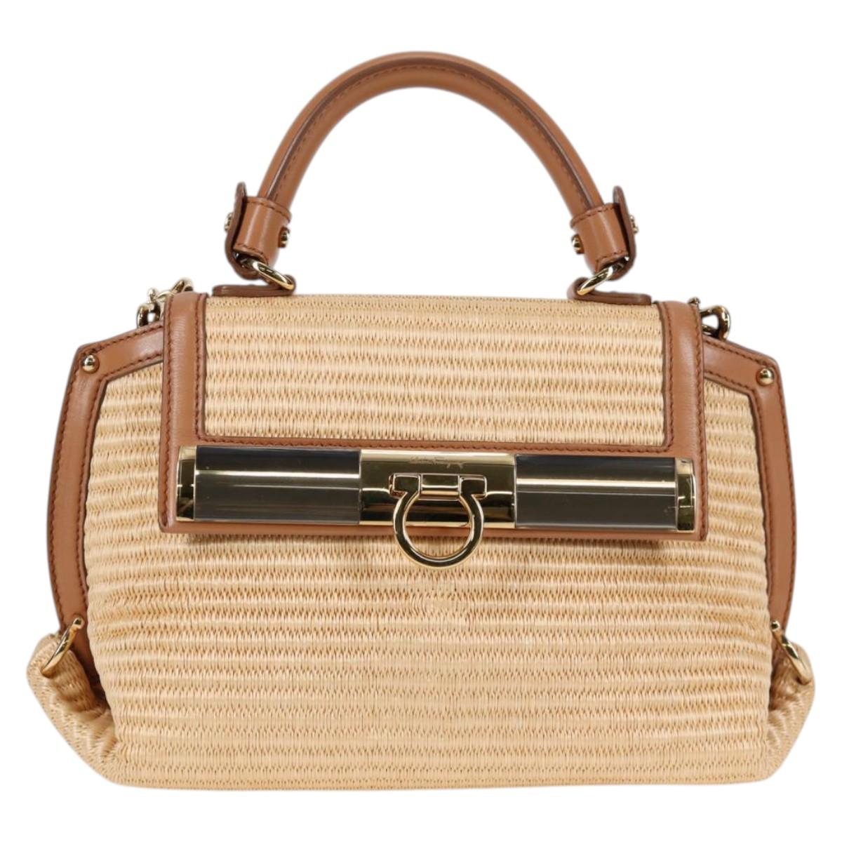 Salvatore Ferragamo Gancini Hand Bag Raffia Leather 2way Beige Gold Auth 135666M
