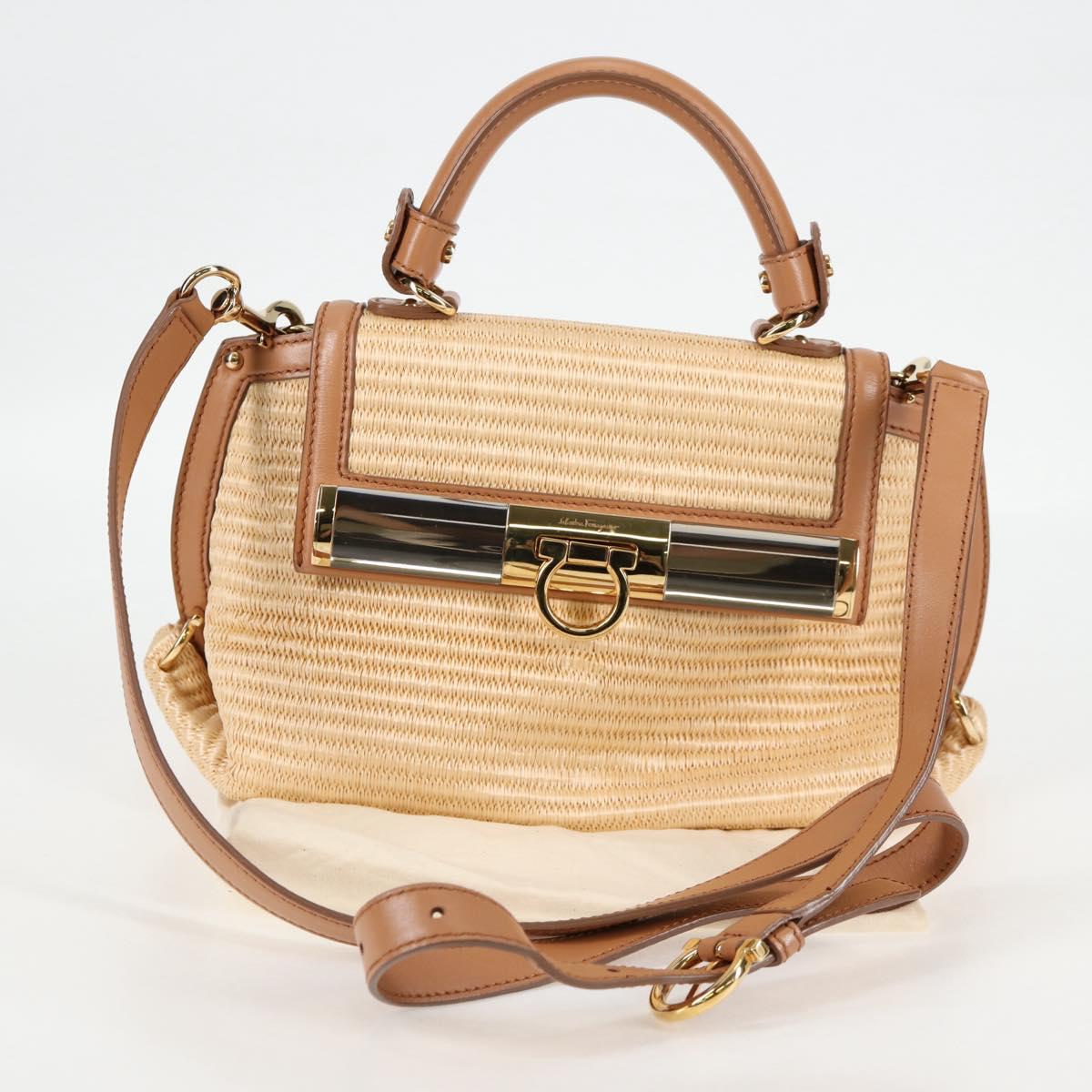 Salvatore Ferragamo Gancini Hand Bag Raffia Leather 2way Beige Gold Auth 135666M