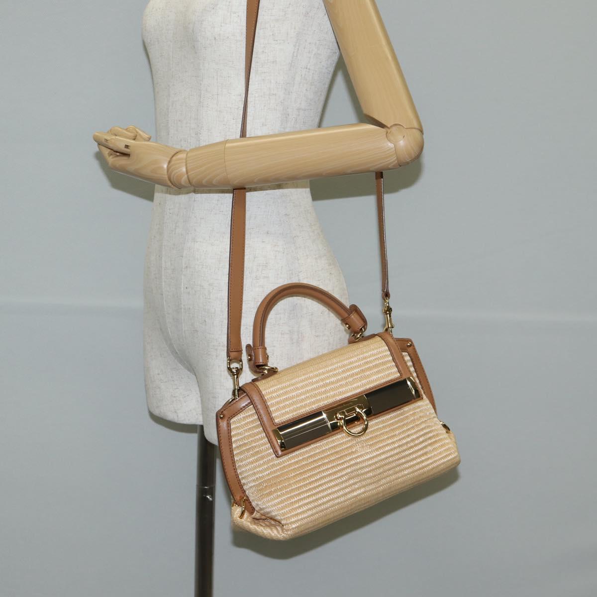 Salvatore Ferragamo Gancini Hand Bag Raffia Leather 2way Beige Gold Auth 135666M