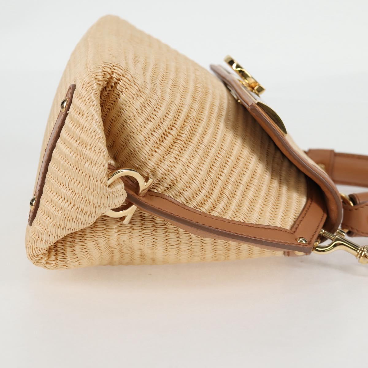 Salvatore Ferragamo Gancini Hand Bag Raffia Leather 2way Beige Gold Auth 135666M