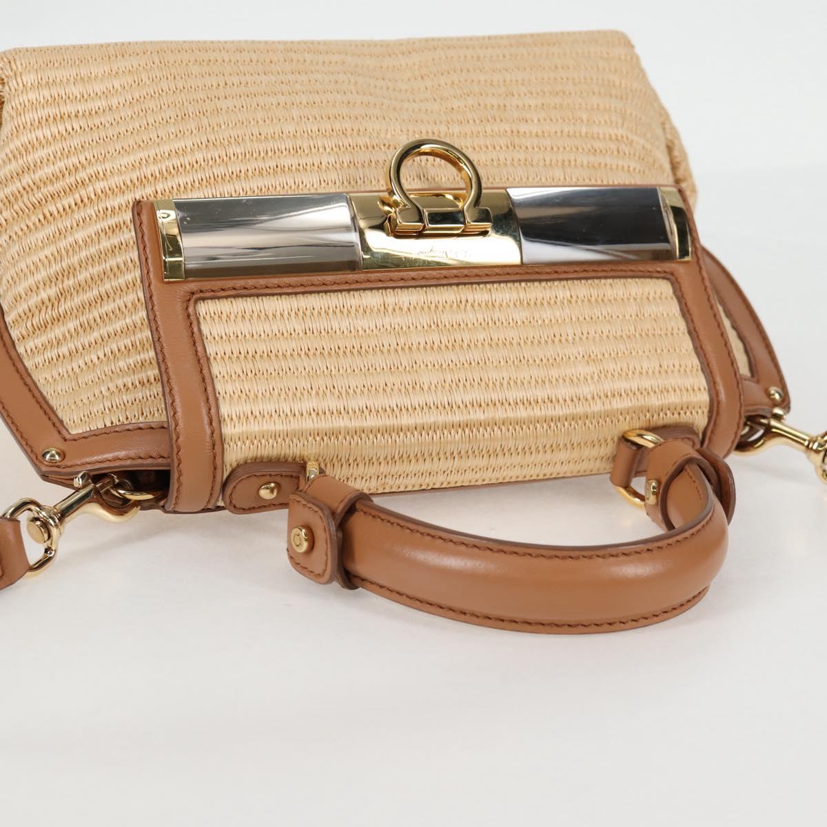 Salvatore Ferragamo Gancini Hand Bag Raffia Leather 2way Beige Gold Auth 135666M
