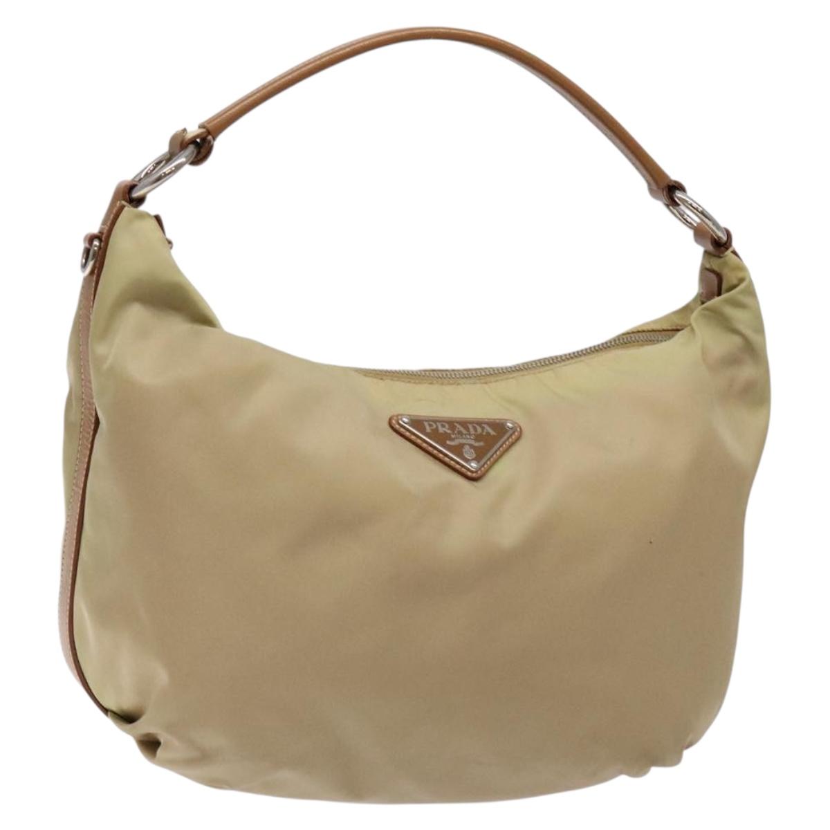 PRADA Tote Bag Nylon Beige Silver Auth 135926