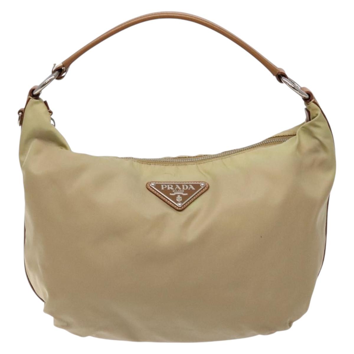PRADA Tote Bag Nylon Beige Silver Auth 135926
