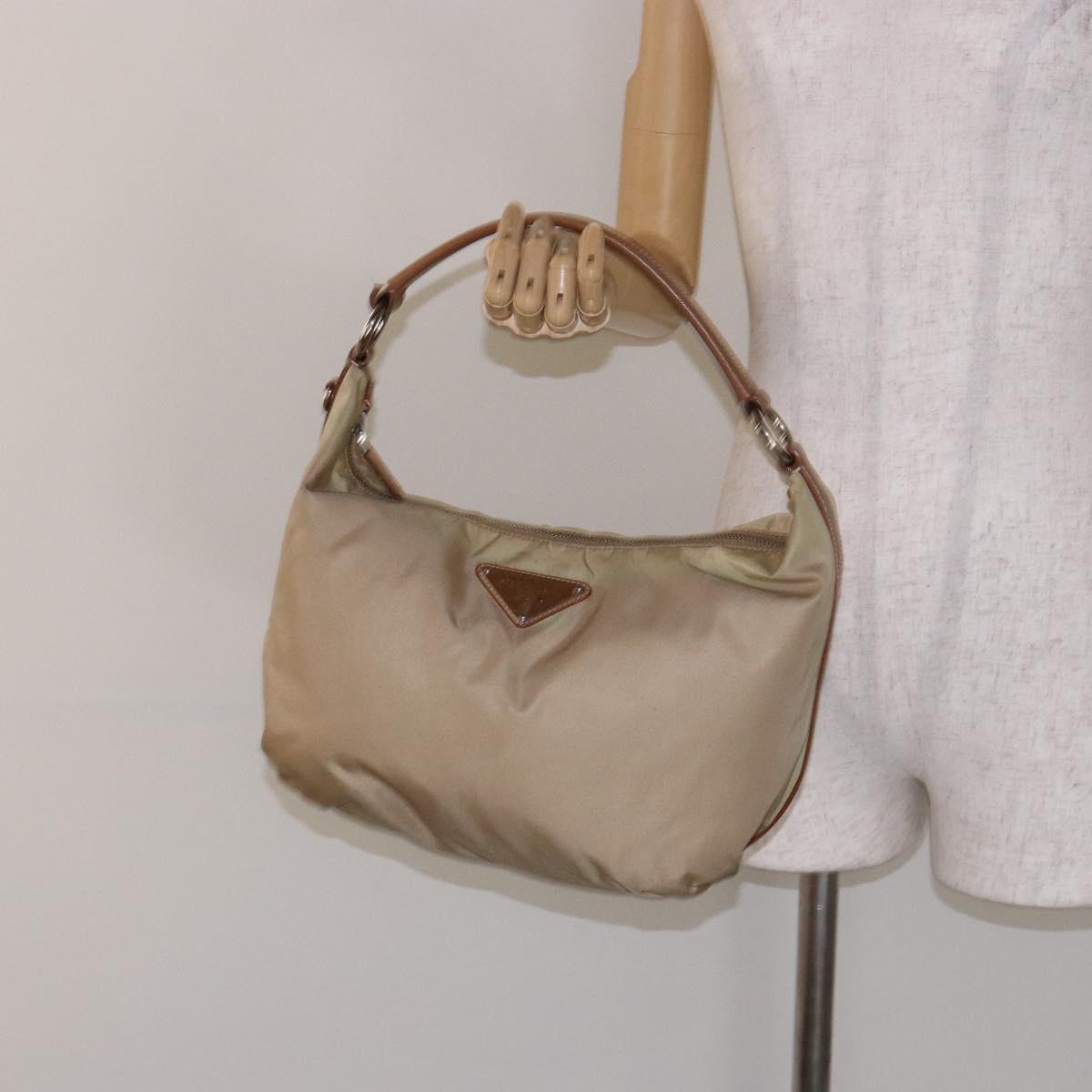 PRADA Tote Bag Nylon Beige Silver Auth 135926