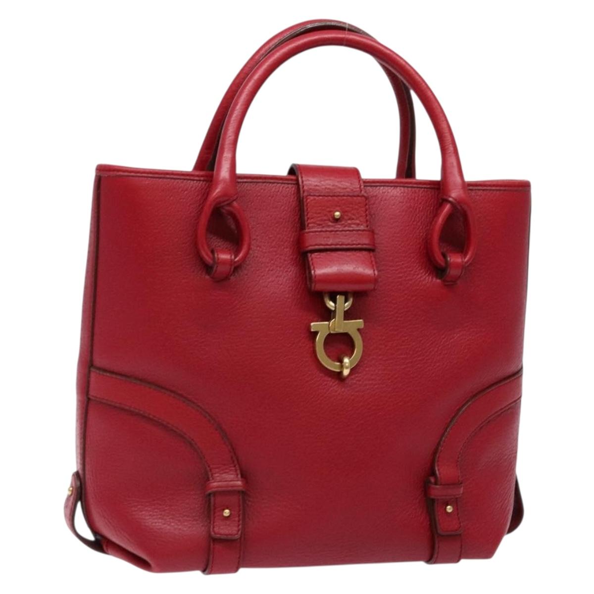 Salvatore Ferragamo Gancini Hand Bag Leather Red Gold Auth 135928