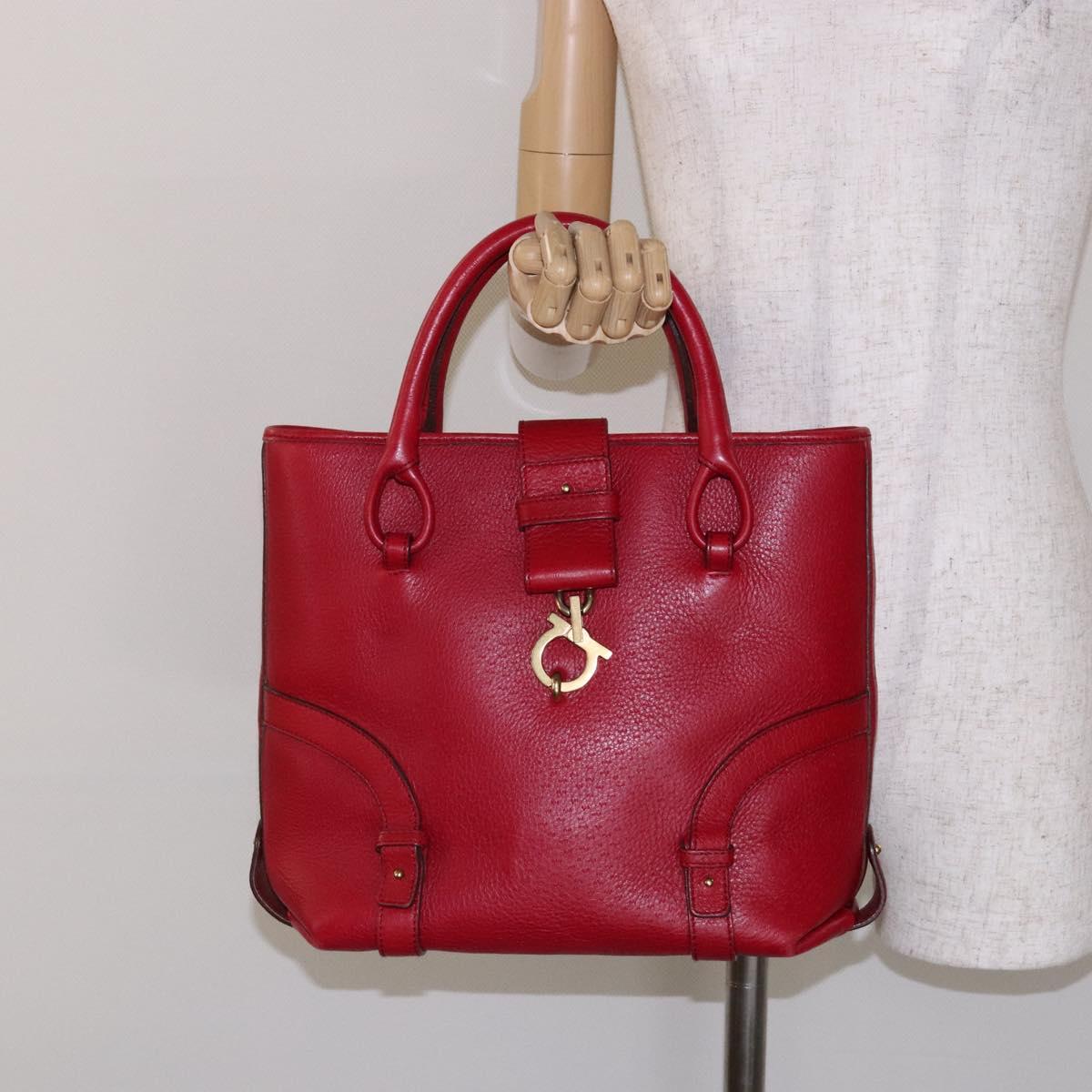 Salvatore Ferragamo Gancini Hand Bag Leather Red Gold Auth 135928