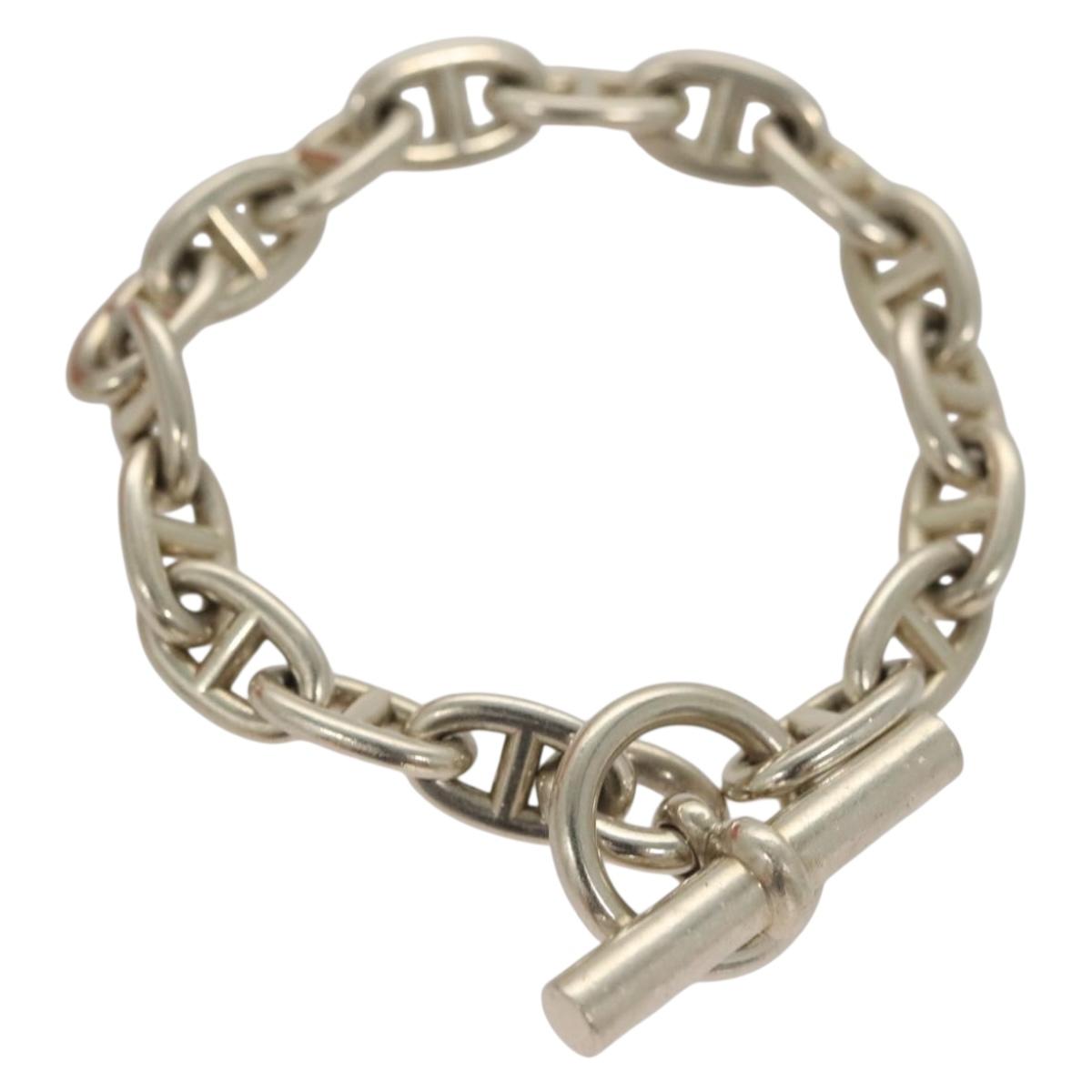 HERMES Chene Dunkle MM Bracelet Ag925 17 Links Silver Auth 135953SM