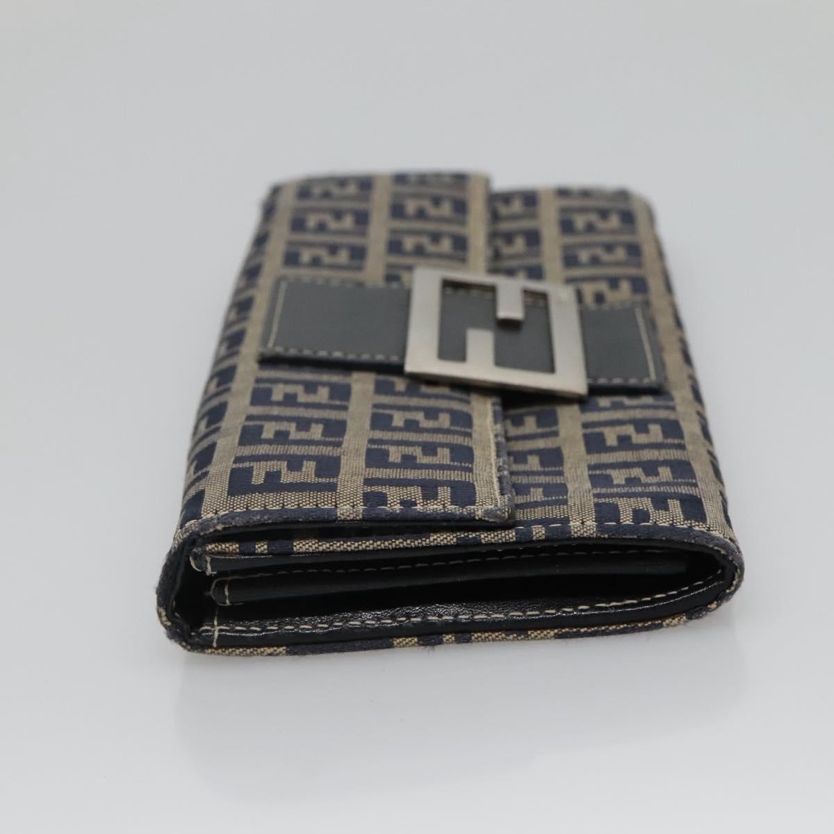 FENDI Zucchino Canvas Long Wallet Navy Silver Auth 135967