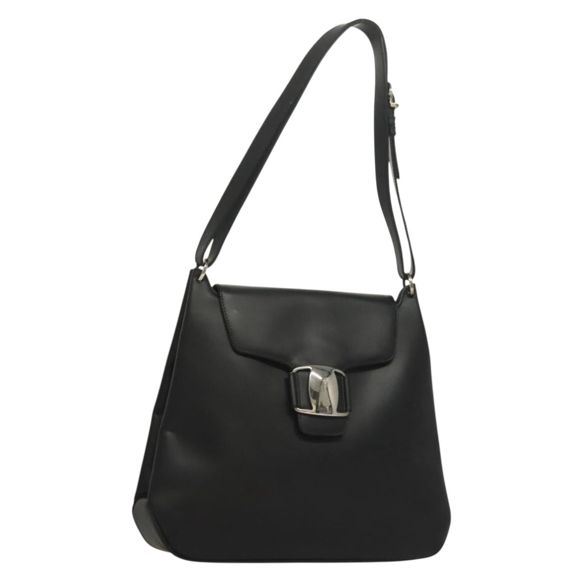 Salvatore Ferragamo Vala Shoulder Bag Enamel Black Gold Auth 135986