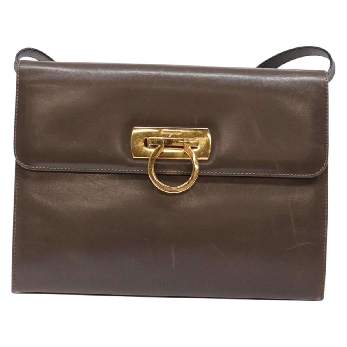 Salvatore Ferragamo Gancini Shoulder Bag Leather Brown Silver Auth 135987