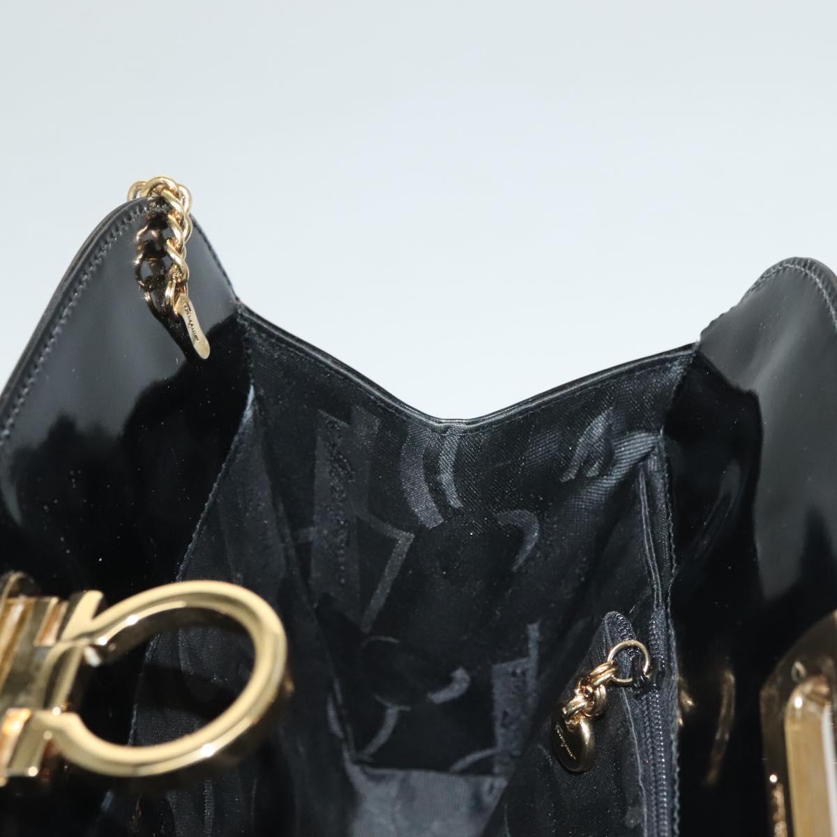 Salvatore Ferragamo Gancini Chain Shoulder Bag Enamel Black Silver Auth 135991