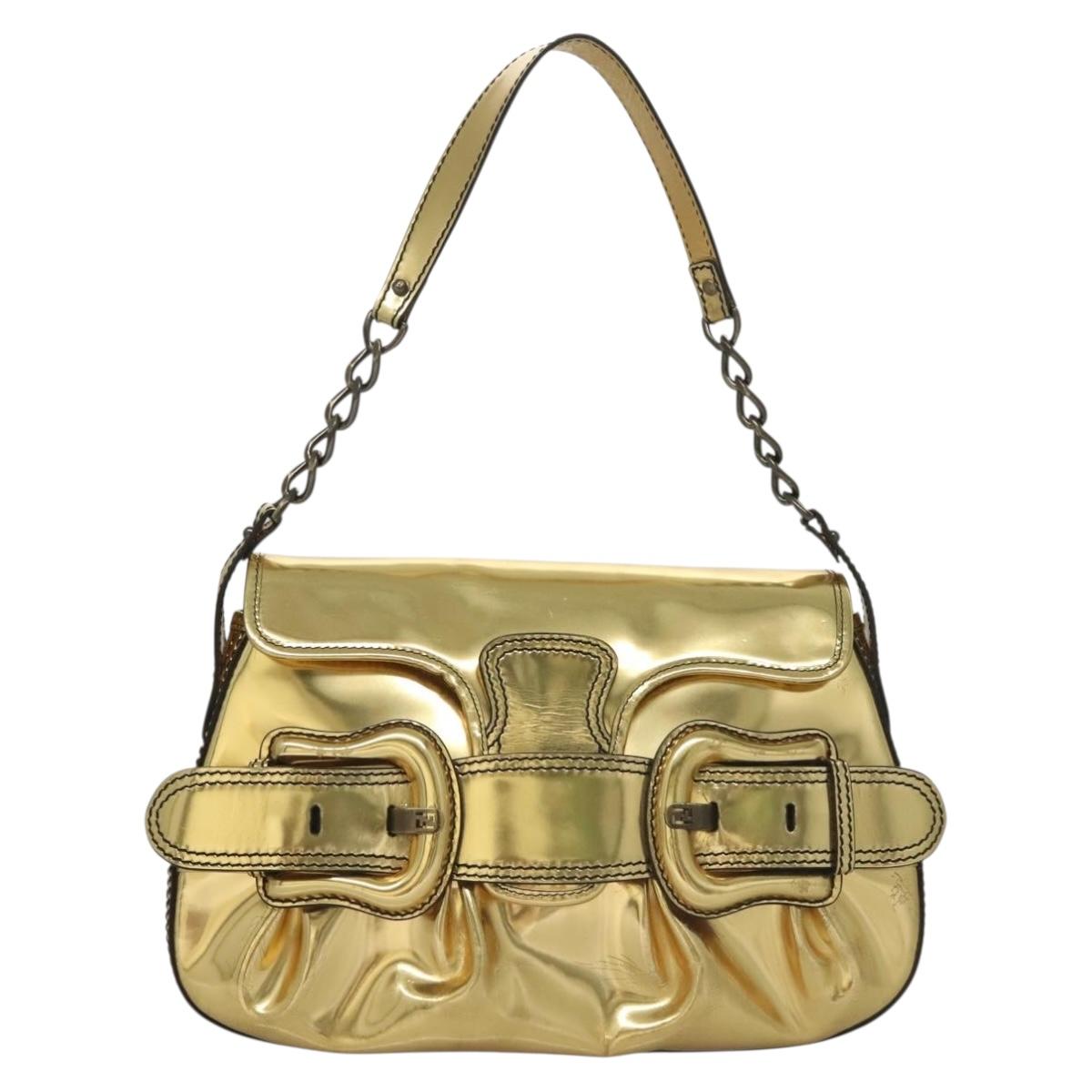 FENDI Chain Shoulder Bag Leather Gold Auth 135997