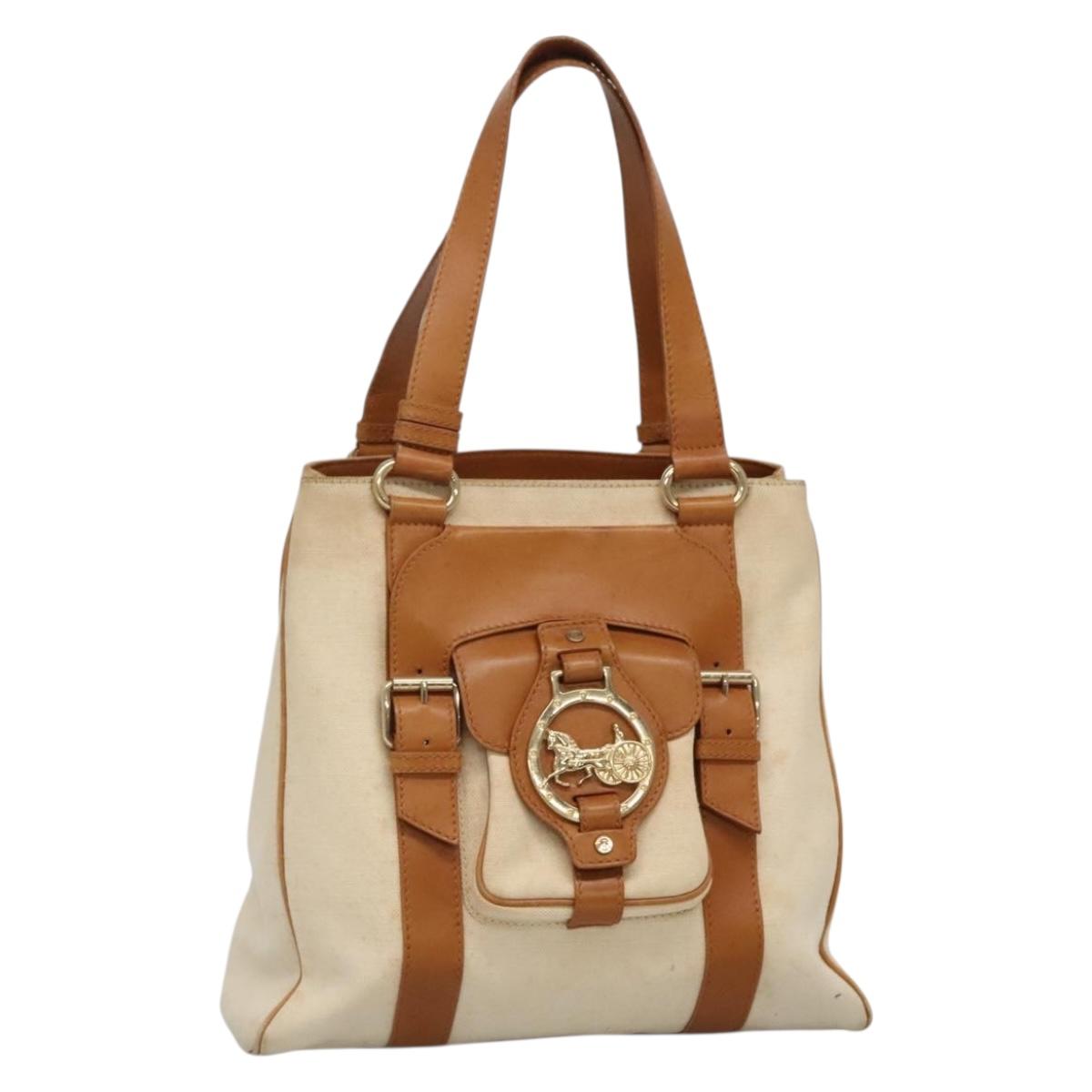 CELINE Tote Bag Canvas Leather Beige Brown gold Auth 136020