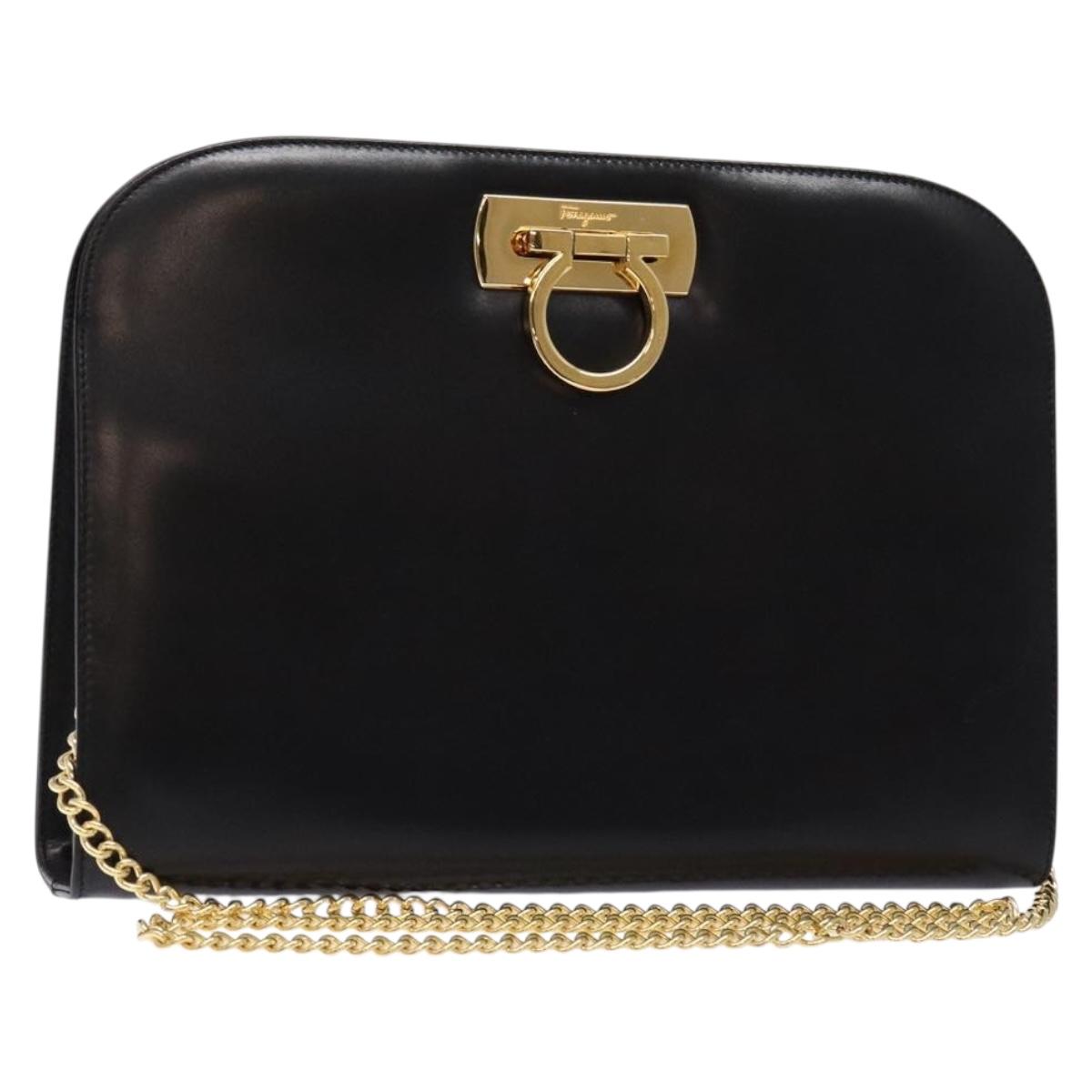 Salvatore Ferragamo Gancini Chain Shoulder Bag Leather Black Gold Auth 136021