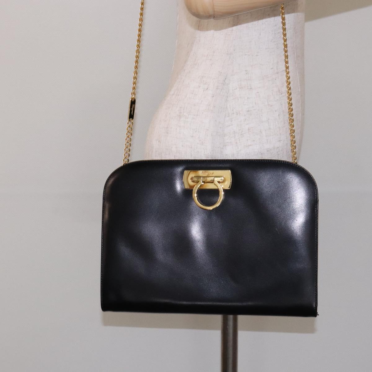 Salvatore Ferragamo Gancini Chain Shoulder Bag Leather Black Gold Auth 136021