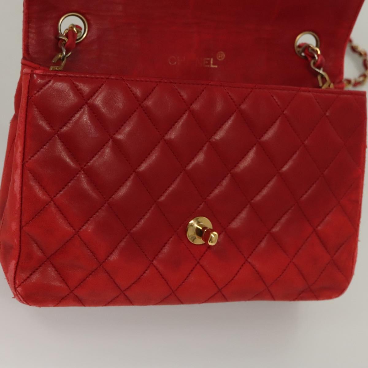 CHANEL Matelasse Chain Shoulder Bag Lamb Skin Red Gold CC Auth 136059