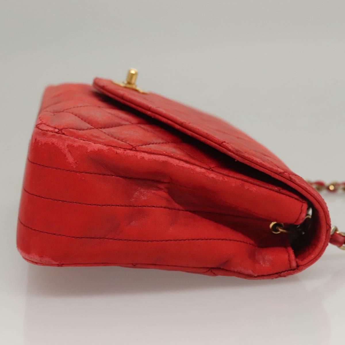 CHANEL Matelasse Chain Shoulder Bag Lamb Skin Red Gold CC Auth 136059