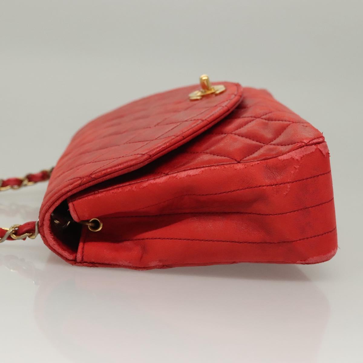 CHANEL Matelasse Chain Shoulder Bag Lamb Skin Red Gold CC Auth 136059