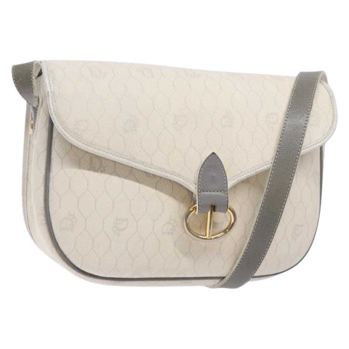 Christian Dior Honeycomb Canvas Shoulder Bag PVC White Gold Auth 136076