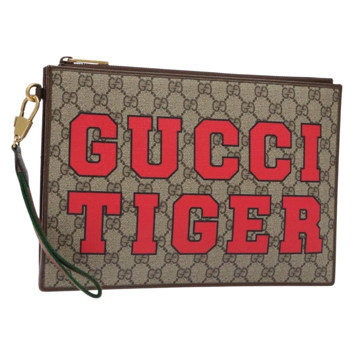 GUCCI GG Supreme Web Sherry Line Clutch Bag PVC Beige Gold 688378 Auth 136081