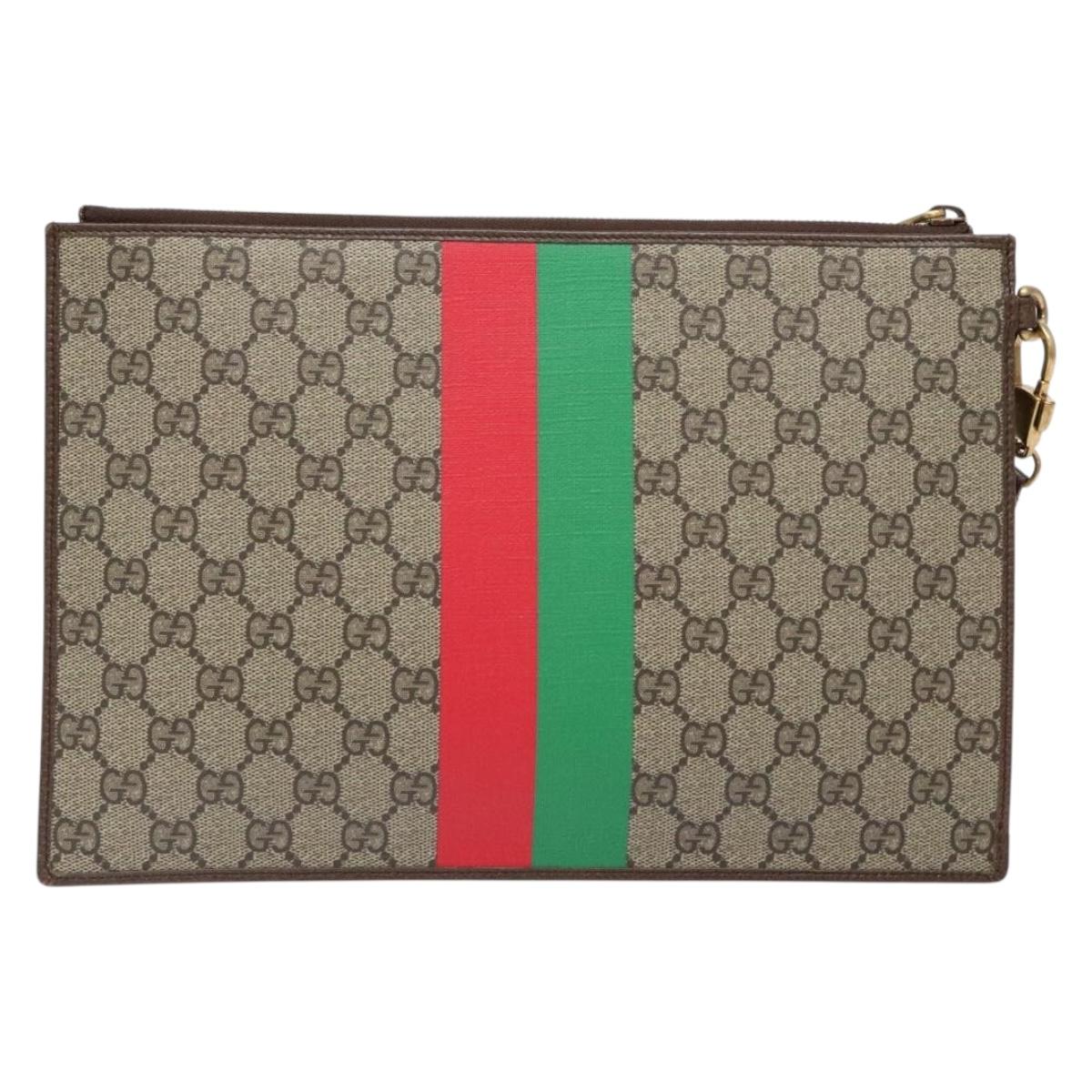 GUCCI GG Supreme Web Sherry Line Clutch Bag PVC Beige Gold 688378 Auth 136081