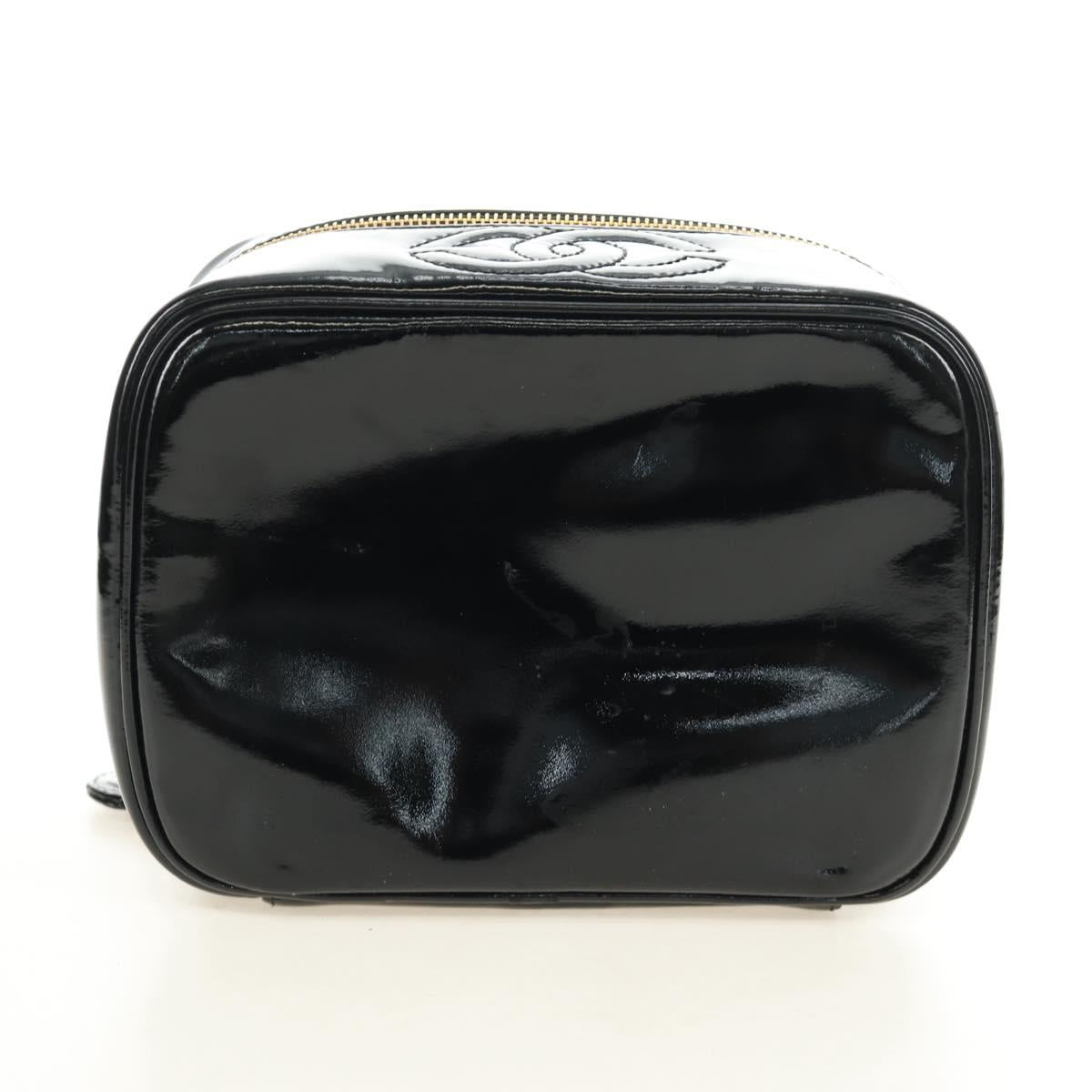 CHANEL Vanity Pouch Patent leather Black Gold CC Auth 136084