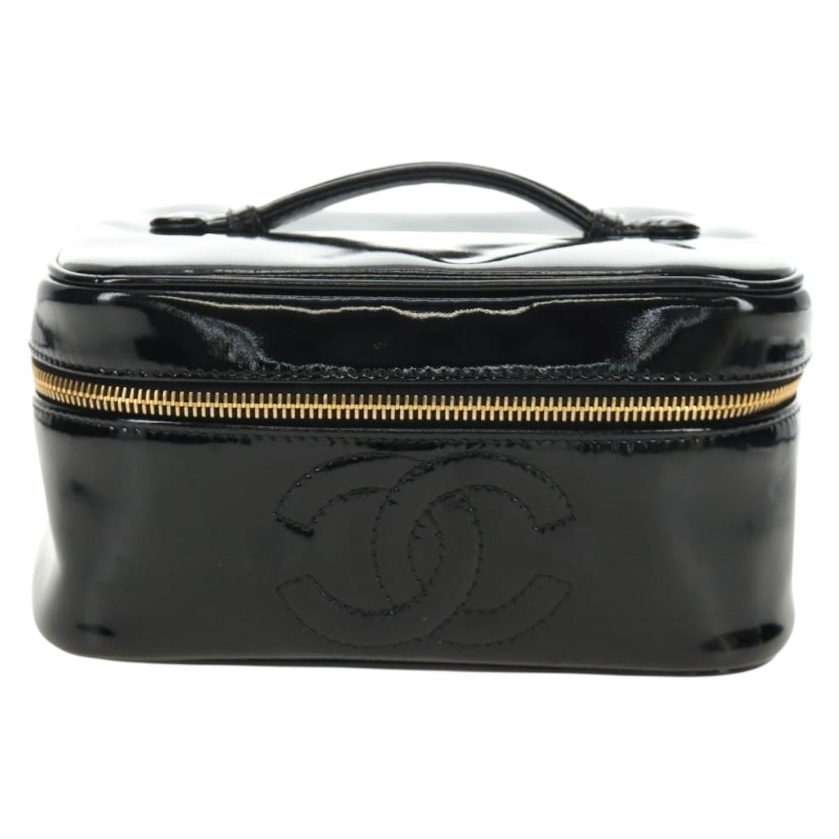 CHANEL Vanity Pouch Patent leather Black Gold CC Auth 136084