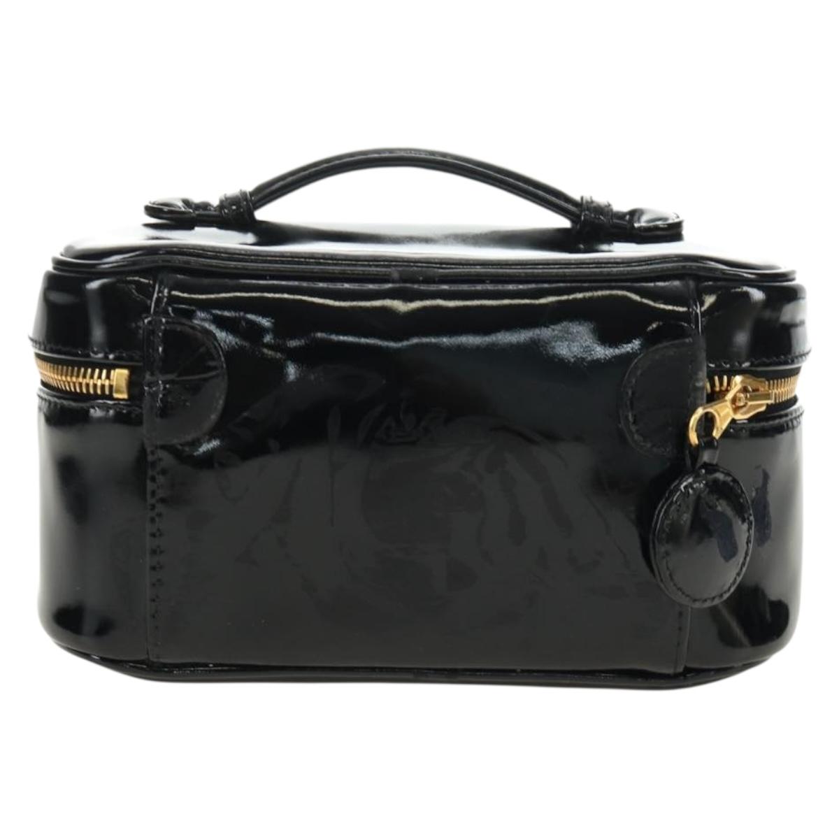 CHANEL Vanity Pouch Patent leather Black Gold CC Auth 136084