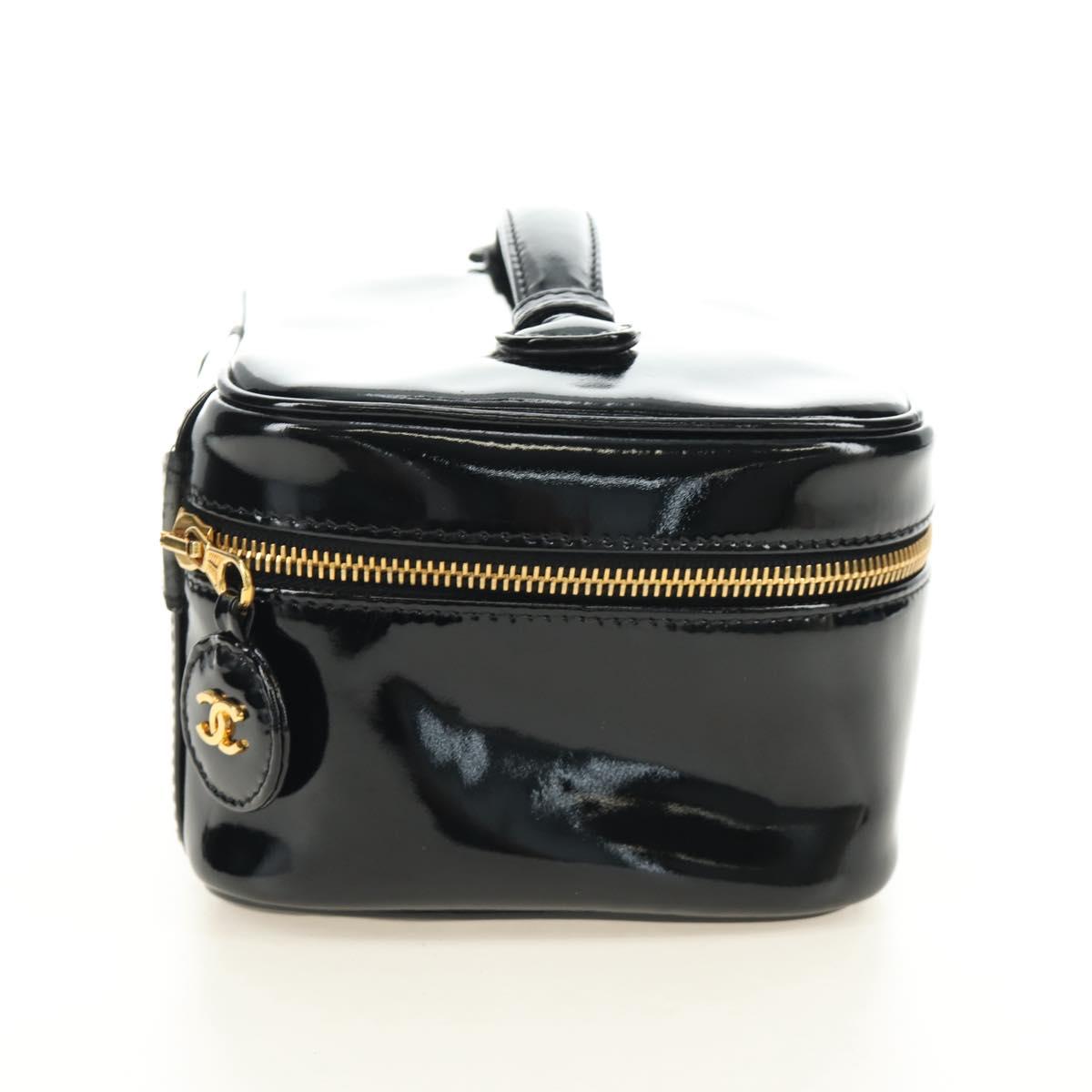 CHANEL Vanity Pouch Patent leather Black Gold CC Auth 136084
