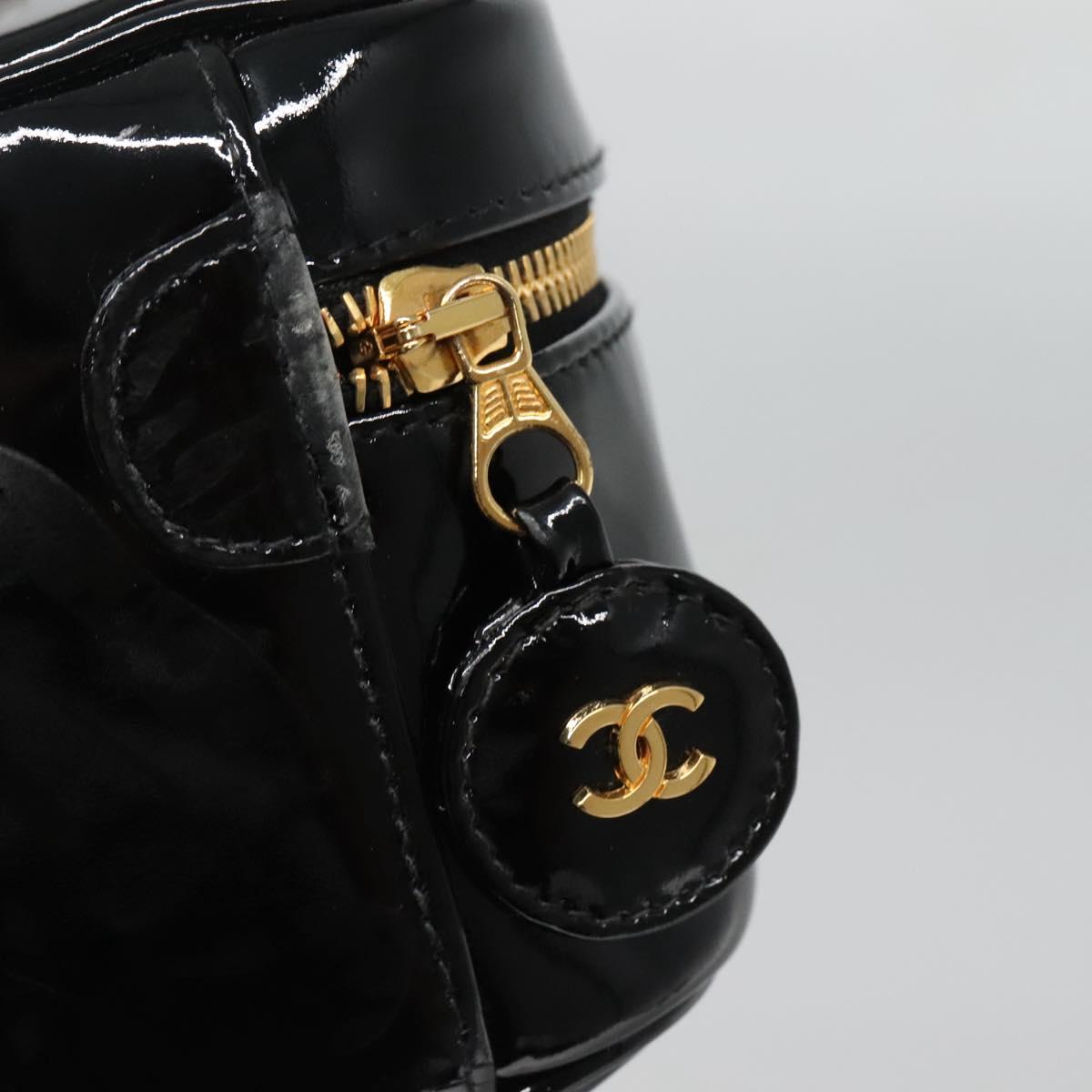 CHANEL Vanity Pouch Patent leather Black Gold CC Auth 136084