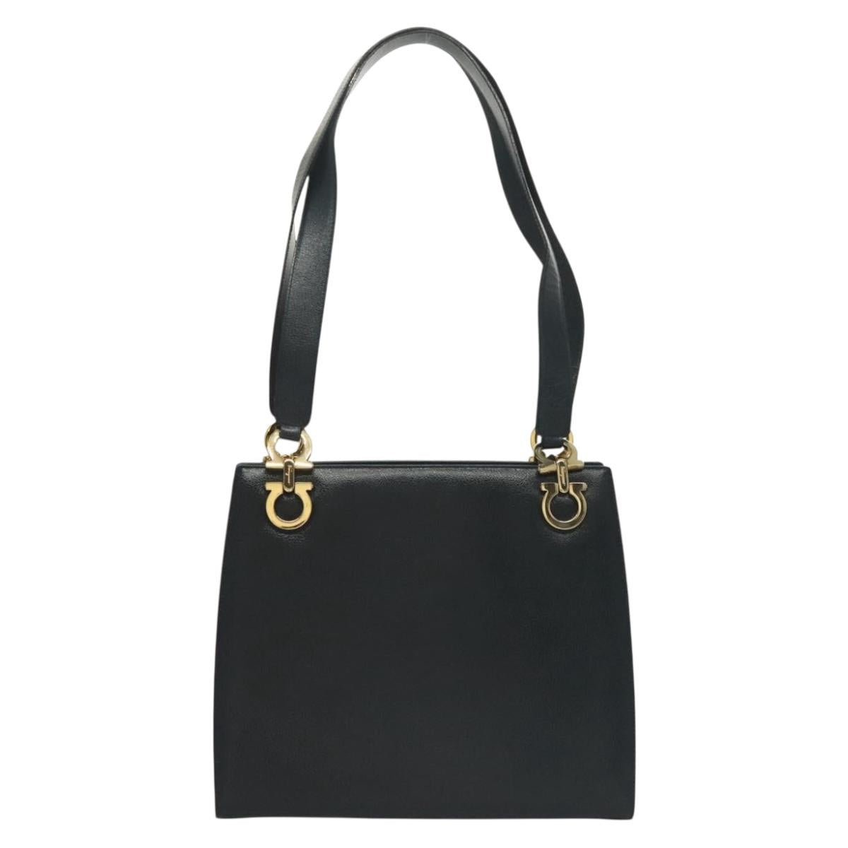 Salvatore Ferragamo Gancini Shoulder Bag Leather Navy Gold Auth 136108