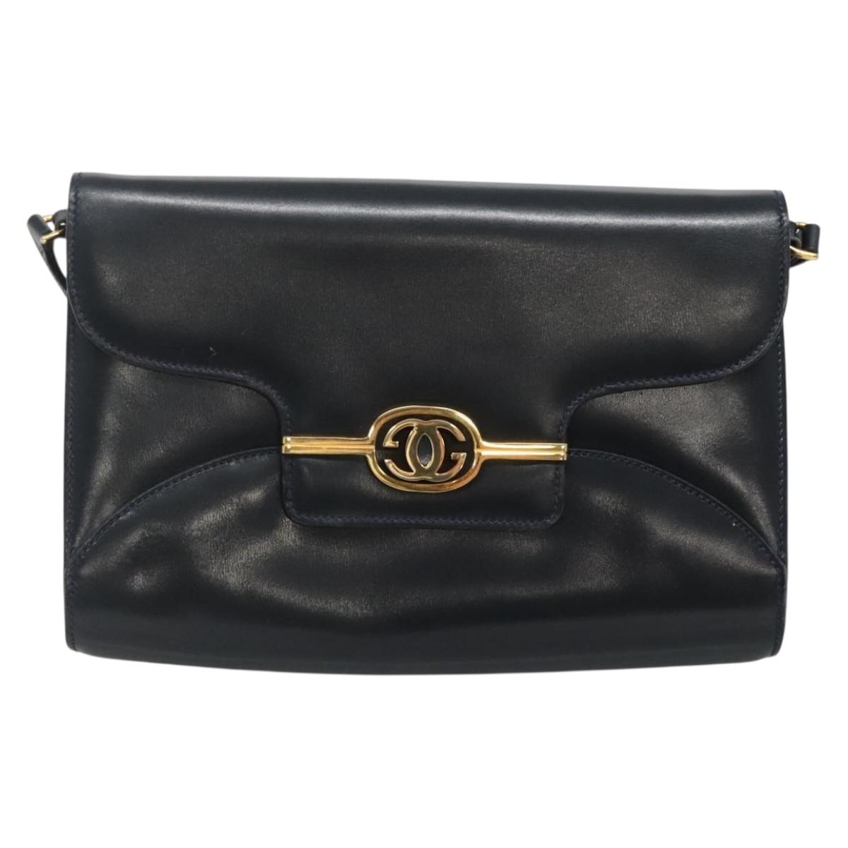GUCCI Shoulder Bag Leather Navy Gold Auth 136145