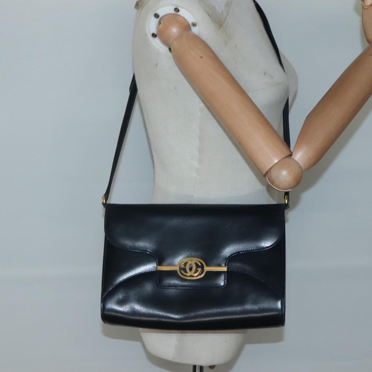 GUCCI Shoulder Bag Leather Navy Gold Auth 136145